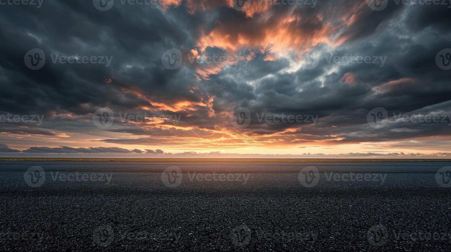 ai generiert dunkel dramatisch Himmel Horizont Epos Sonnenuntergang Wolken Landschaft mit schwarz Asphalt Fußboden foto