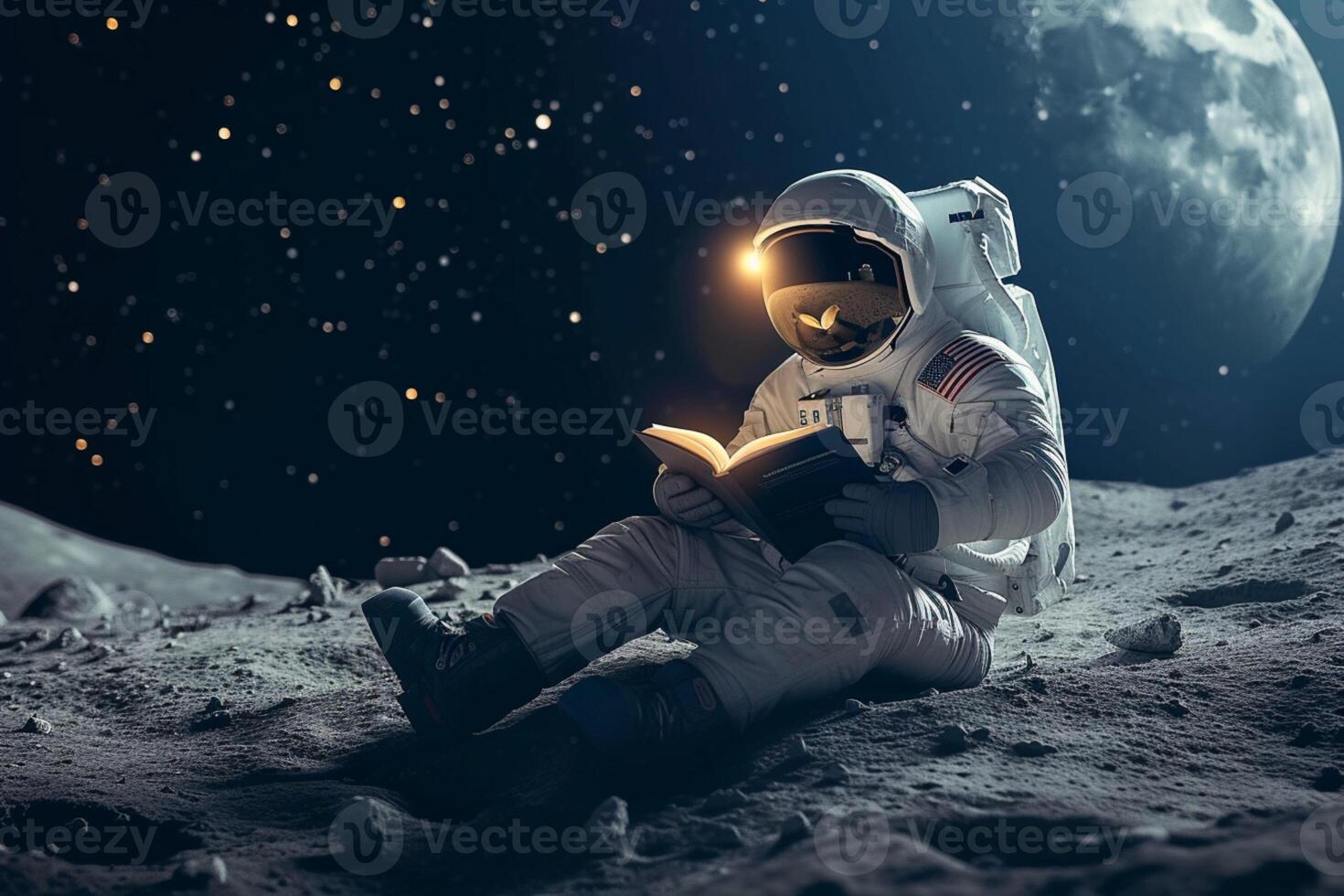 ai generiert Raum Literatur Astronaut eingetaucht im lesen auf das Monde Oberfläche foto