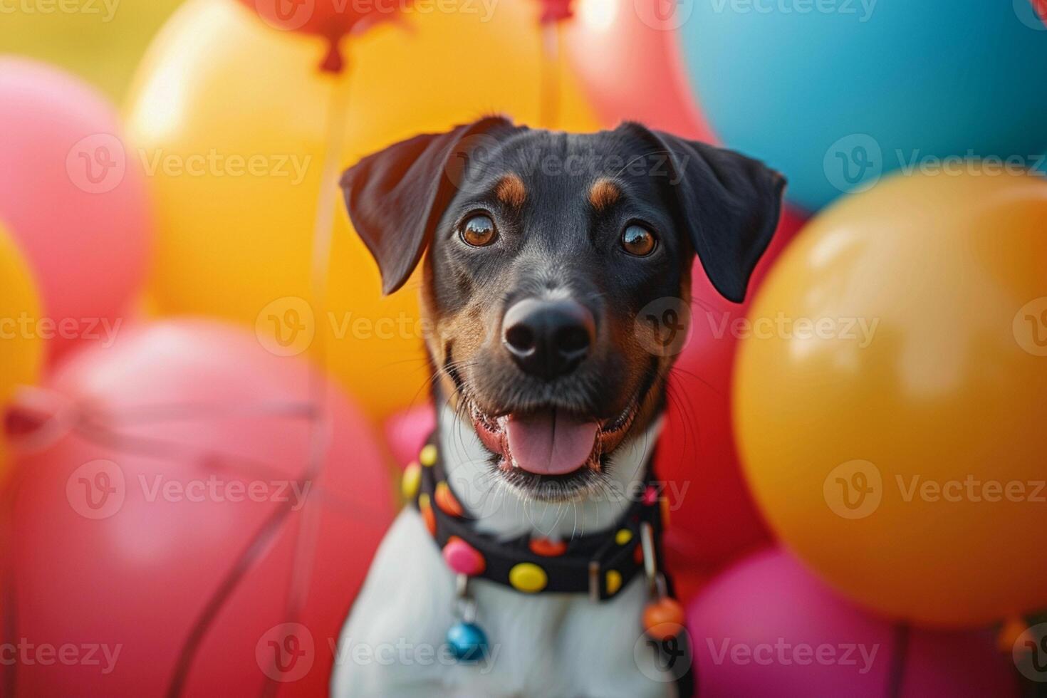 ai generiert Party Welpe Hund sitzt inmitten beschwingt Luftballons und festlich Dekor foto