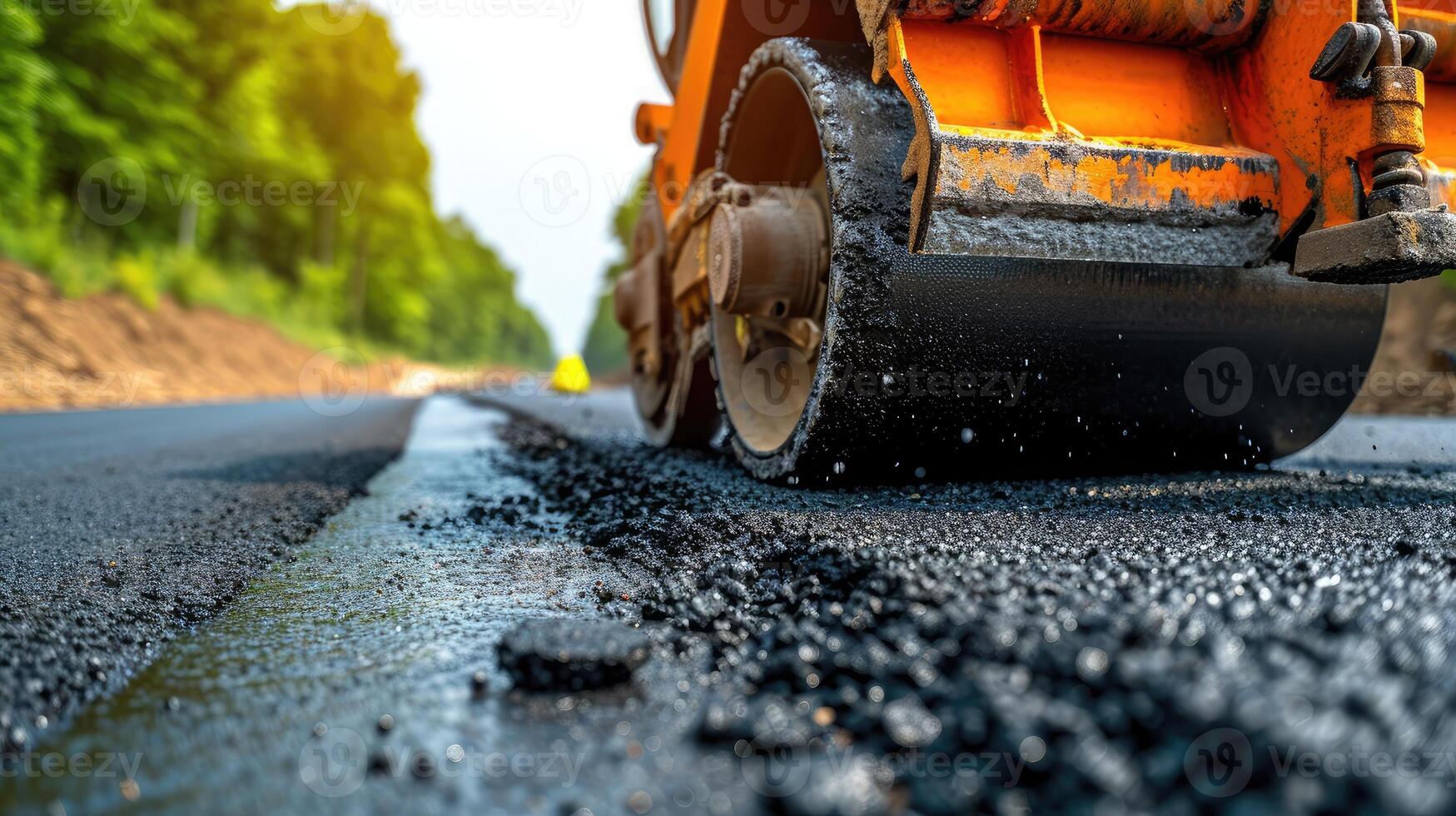 ai generiert Asphalt Straße Walze mit schwer Vibration Walze Verdichter Drücken Sie Neu heiß Asphalt auf das Fahrbahn auf ein Straße Konstruktion Seite? ˅. schwer Vibration Walze beim Asphalt Pflaster Arbeiten. reparieren. foto