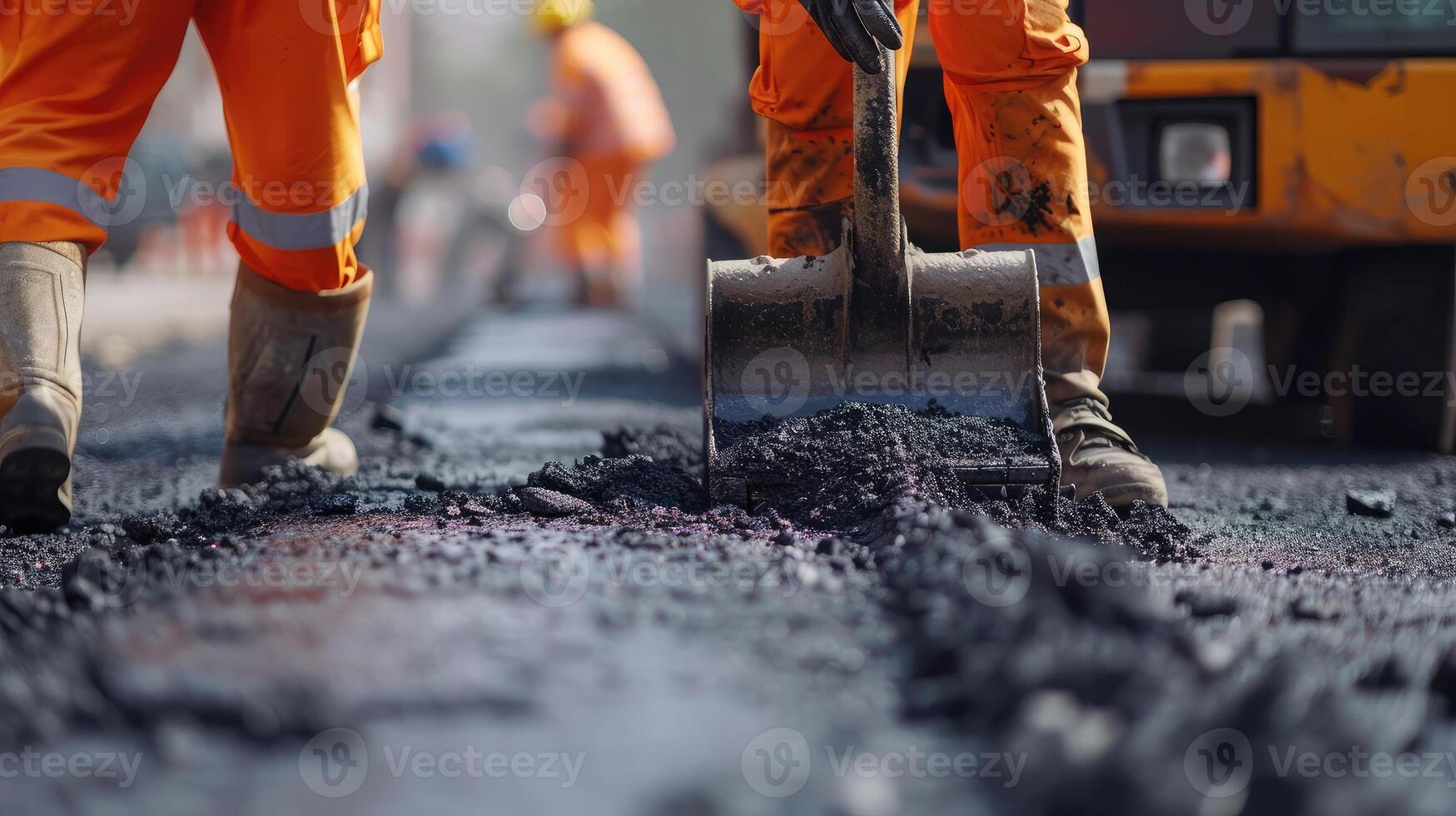 ai generiert Brigade von Diener zum Straße Instandhaltung entfernt das alt Asphalt mit ein Presslufthammer und Schaufeln in das Bagger Wagen im Straße Konstruktion foto