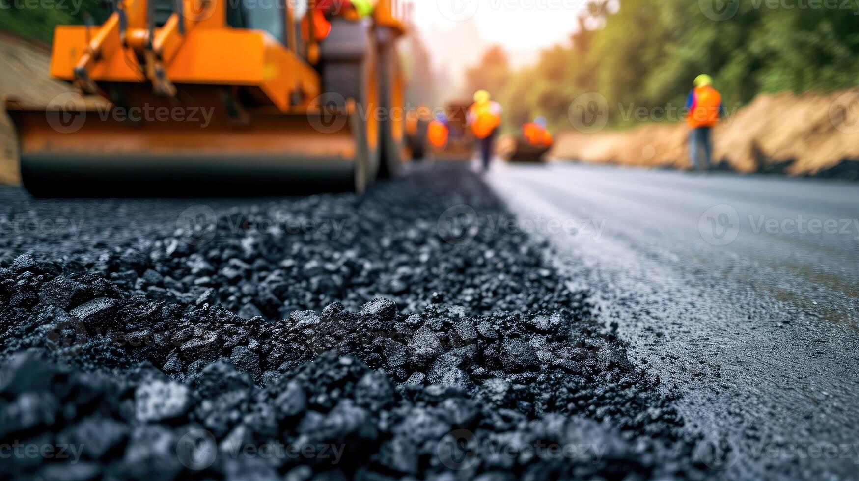 ai generiert Konstruktion Seite? ˅ ist Verlegung Neu Asphalt Gehweg, Straße Konstruktion Arbeitskräfte und Straße Konstruktion Maschinen Szene. Autobahn Konstruktion Seite? ˅ Szene. foto