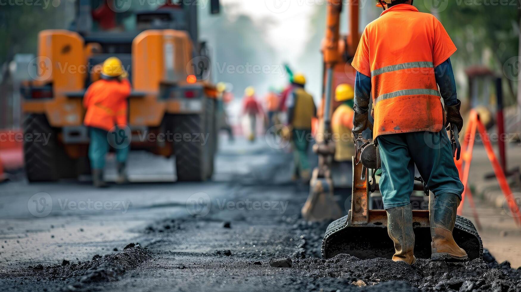 ai generiert Arbeitskräfte auf ein Straße Konstruktion foto