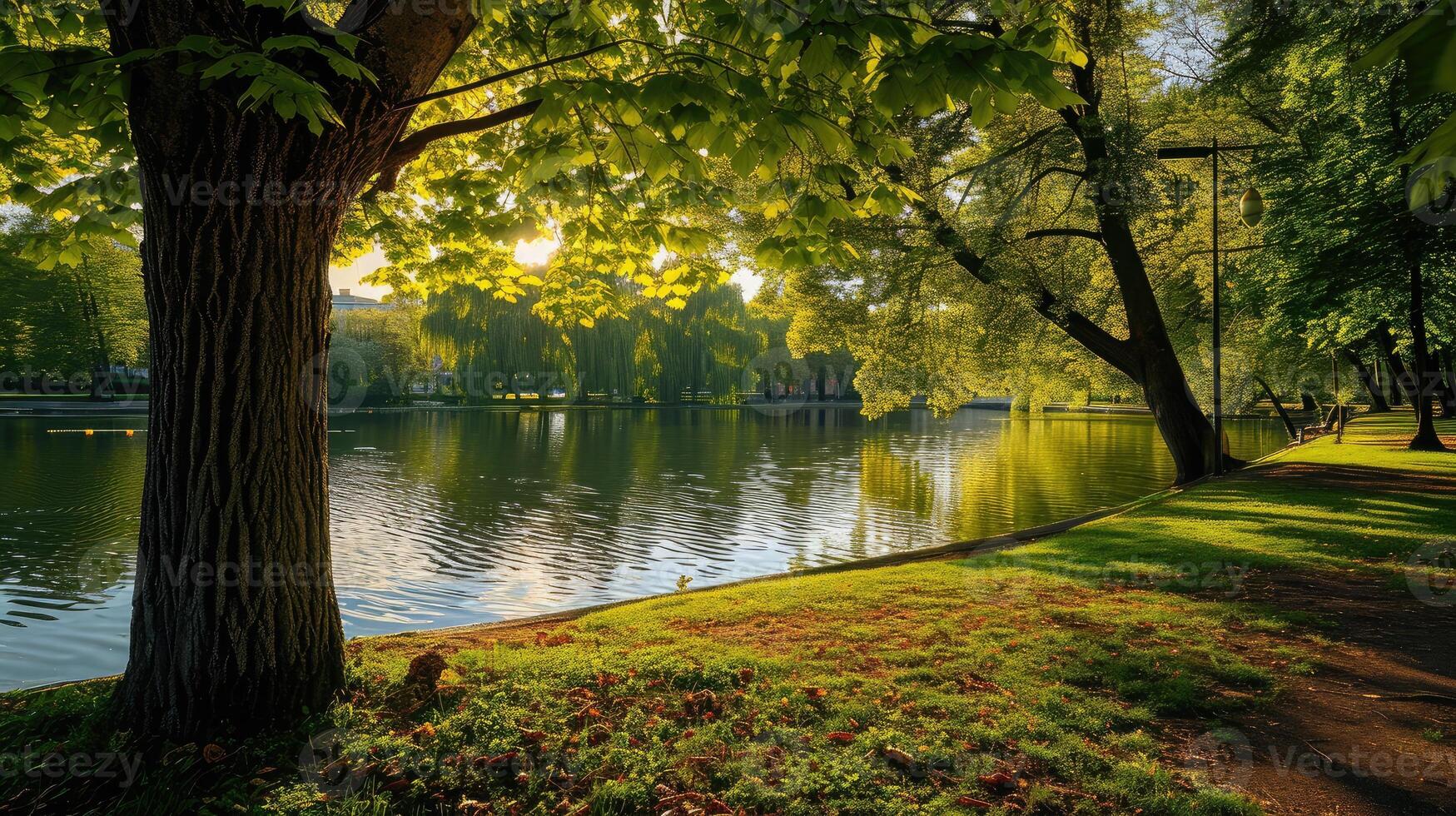 ai generiert nett Stadt Park durch das See foto