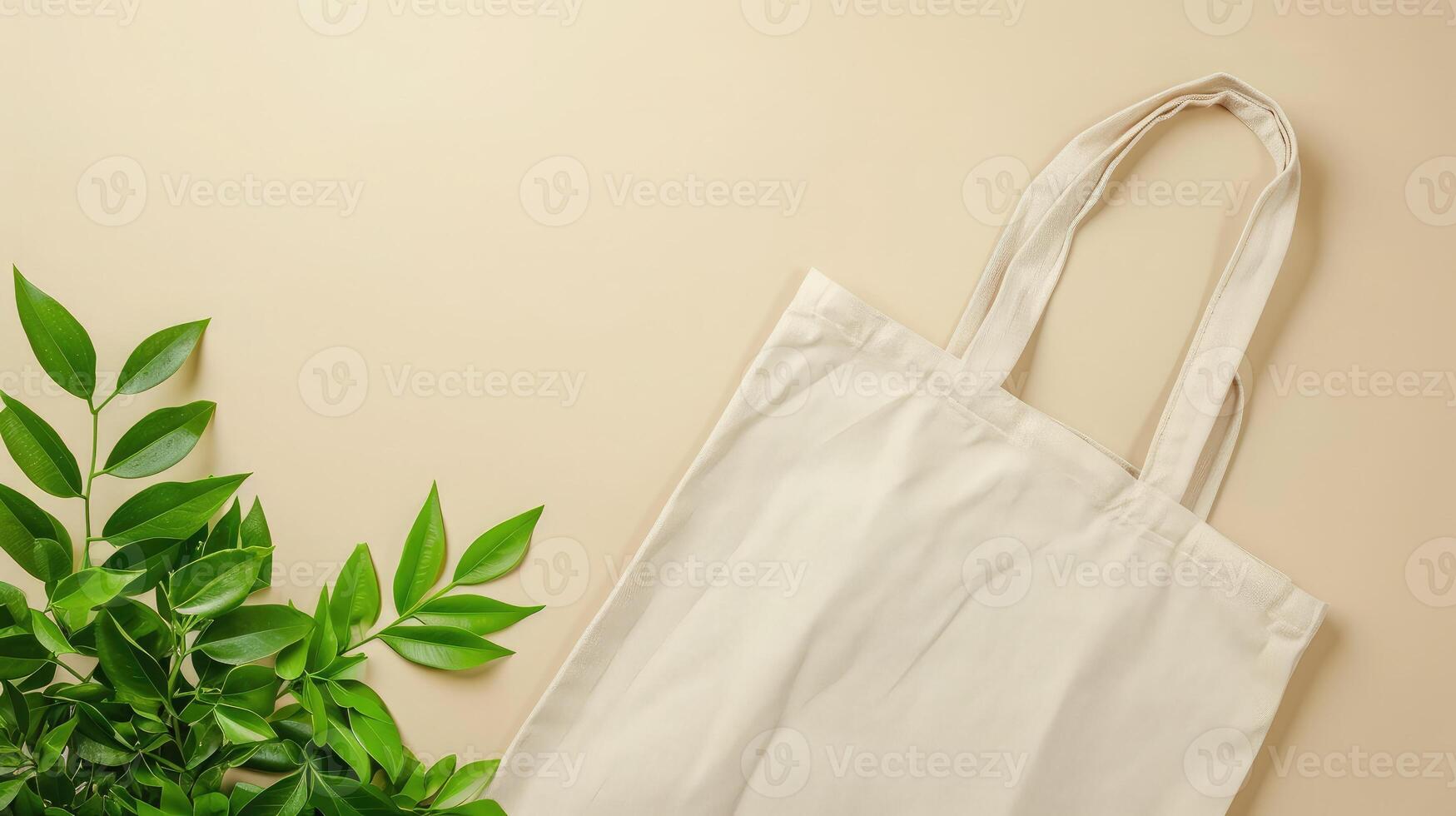 ai generiert Segeltuch Tasche Tasche. wiederverwendbar Lebensmittelgeschäft Einkaufen Tasche mit Kopieren raum.beige Öko Tasche mockup.eco freundlich Konzept. Null verschwendung.denken grün.oben Sicht. foto