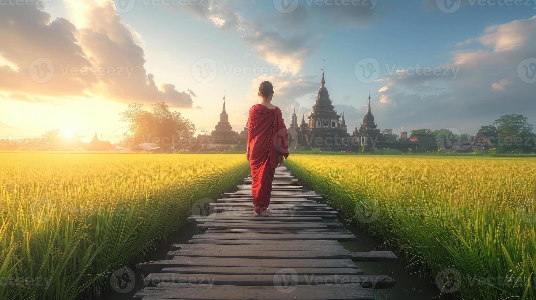 ai generiert Frau Farmer Spaziergänge auf hölzern Brücke im das Feld von Reis, mit Buddhist Tempel Pagode im Hintergrund, Morgen Gehen zu das Tempel zu Joint Buddha Mönch Zeremonie foto