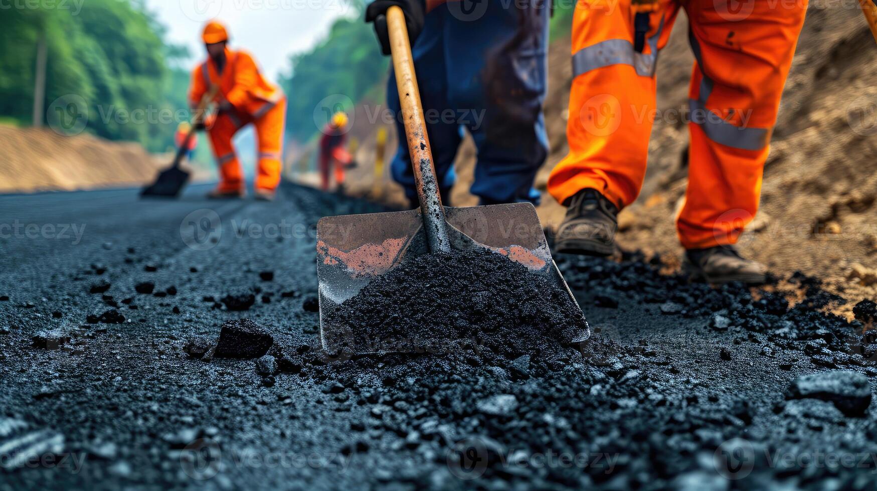 ai generiert Straße Arbeitskräfte mit Schaufeln im ihr Hände werfen gegabelt Asphalt auf ein Neu Straße. Straße Bedienung Instandsetzung das Autobahn foto