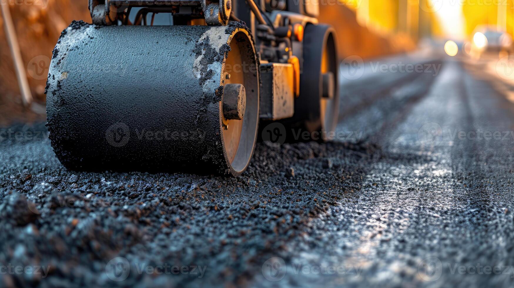 ai generiert Asphalt Straße Walze mit schwer Vibration Walze Verdichter Drücken Sie Neu heiß Asphalt auf das Fahrbahn auf ein Straße Konstruktion Seite? ˅. schwer Vibration Walze beim Asphalt Pflaster Arbeiten. reparieren. foto