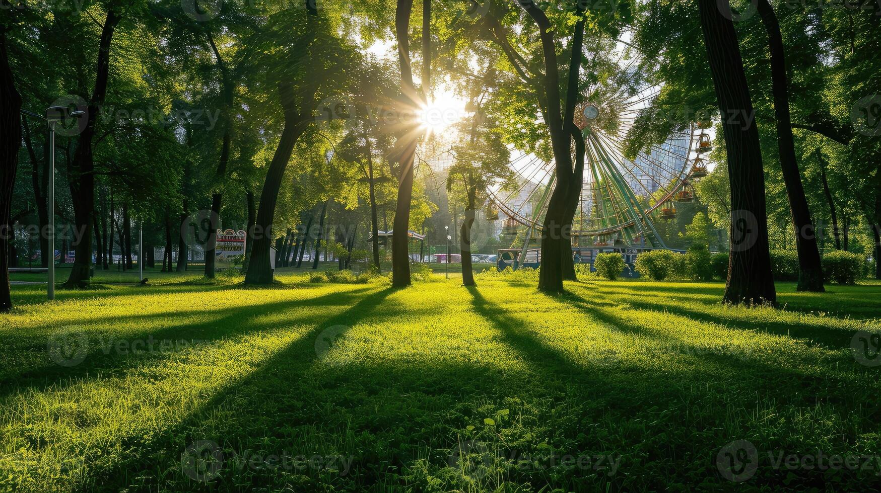 ai generiert Grün Wald und Ferris Rad mit Gras im das Stadt Park. foto