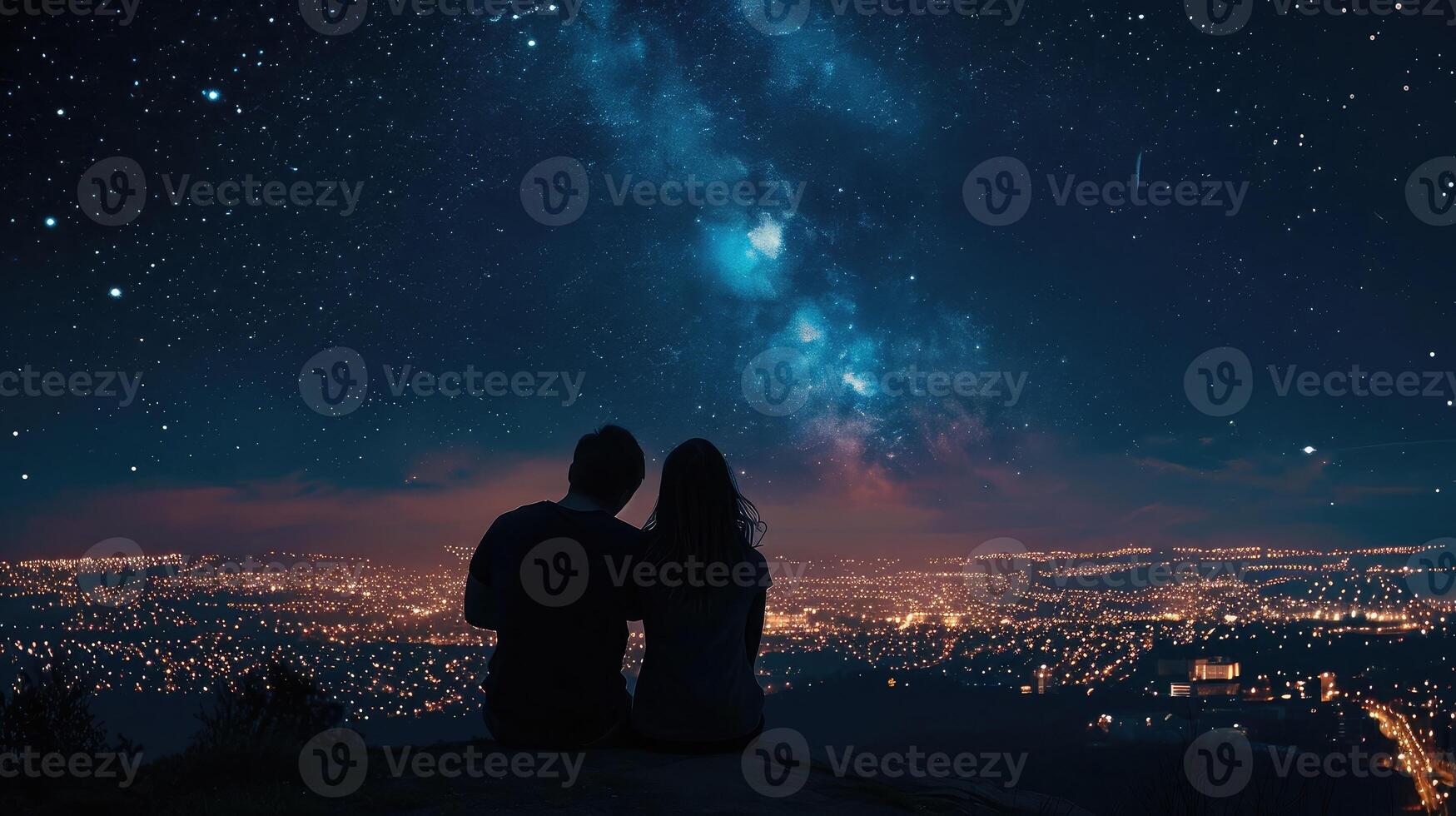 ai generiert Silhouette von ein Paar Sitzung auf oben von ein Hügel suchen beim das Sterne Über das Stadt foto