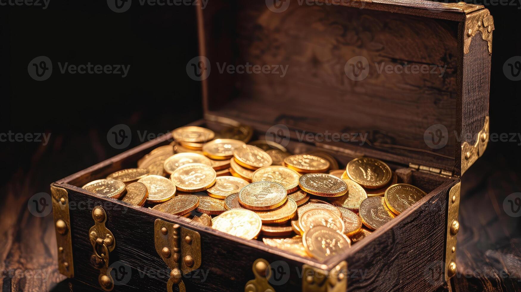 ai generiert öffnen Schatz Truhe mit Gold Münzen auf Tabelle gegen schwarz Hintergrund foto