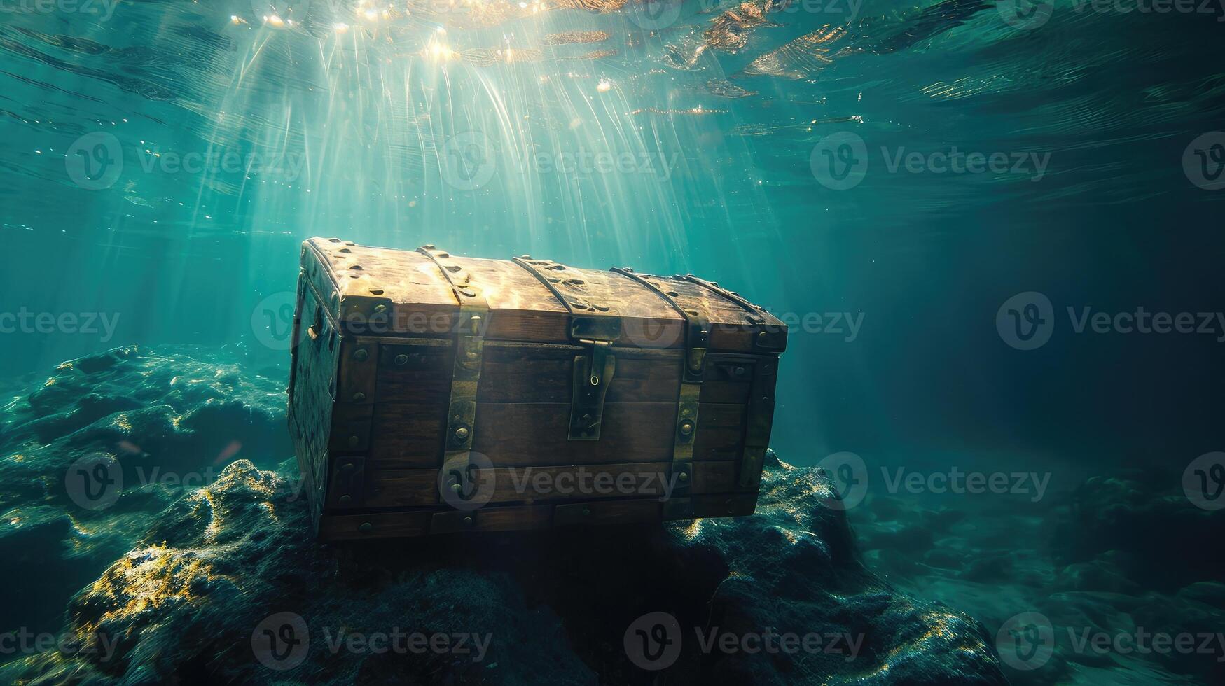 ai generiert hölzern Schatz Truhe untergetaucht unter Wasser mit Licht Strahlen foto