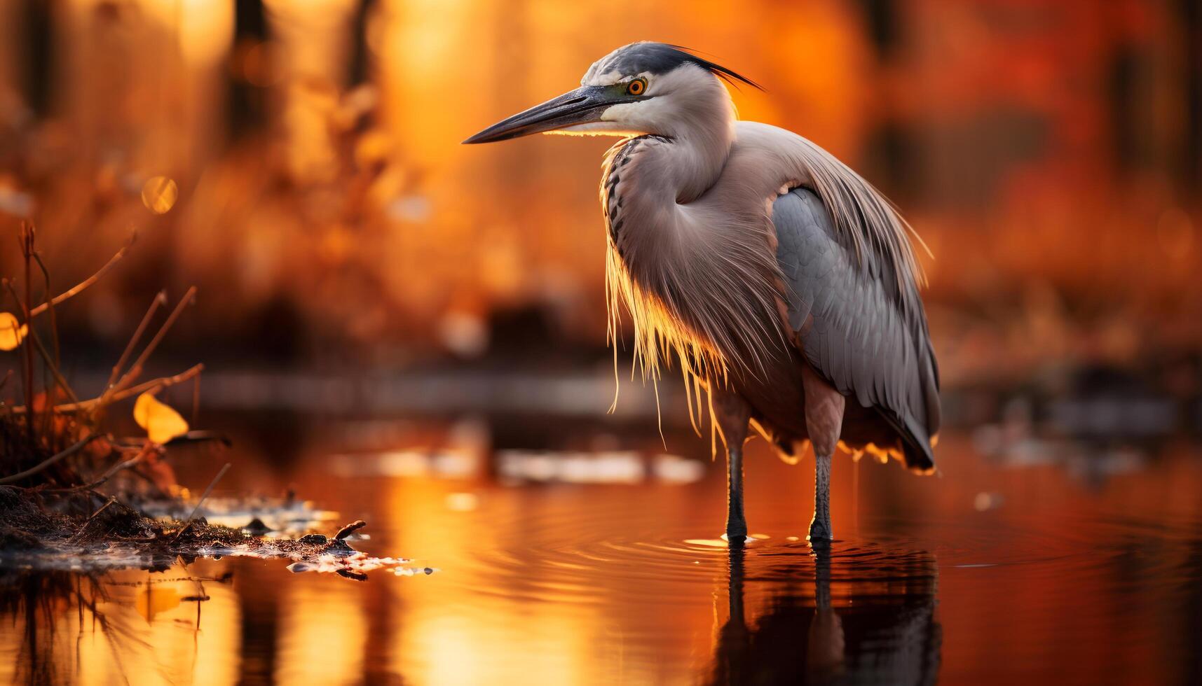 ai generiert Reiher Stehen auf Zweig, reflektieren im still Teich generiert durch ai foto