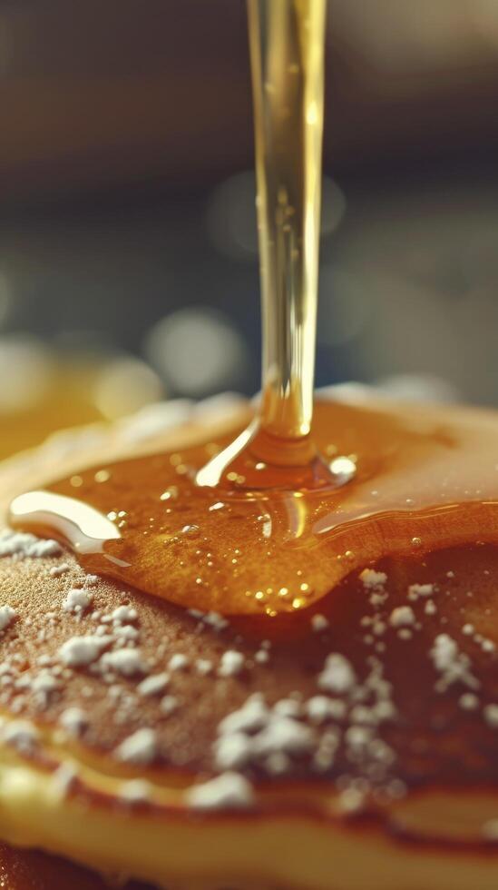 ai generiert ein Makro Foto von ein Pfannkuchen durchnässt im Sirup, Erfassen das unwiderstehlich Einzelheiten von diese köstlich behandeln