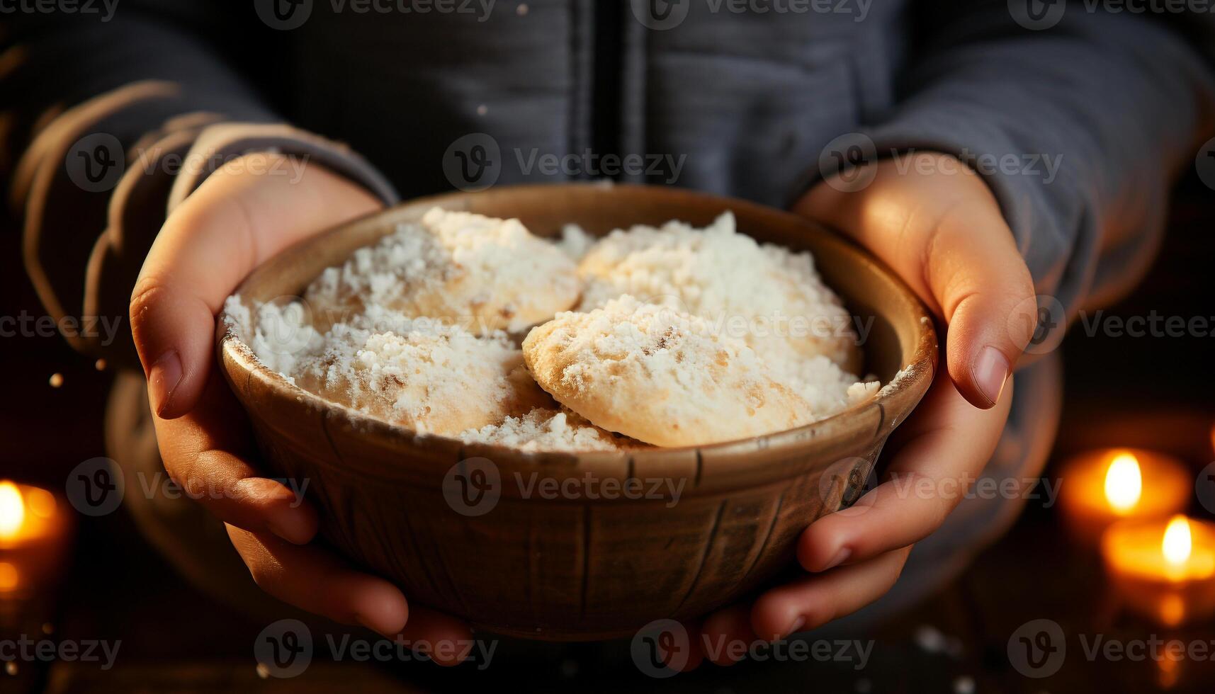 ai generiert Hand halten Schüssel von gedämpft Reis, gesund Mahlzeit generiert durch ai foto