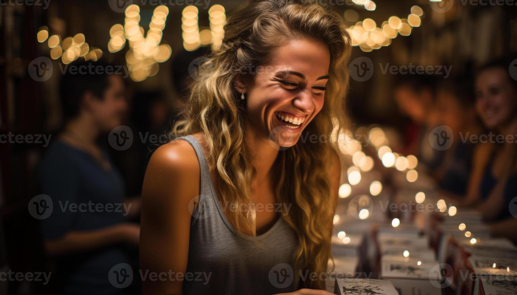 ai generiert lächelnd Frauen zelebrieren, jung Erwachsene finden Glück drinnen generiert durch ai foto