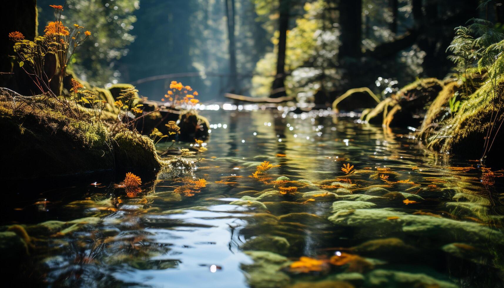 ai generiert still Szene von ein Teich im ein üppig Wald generiert durch ai foto