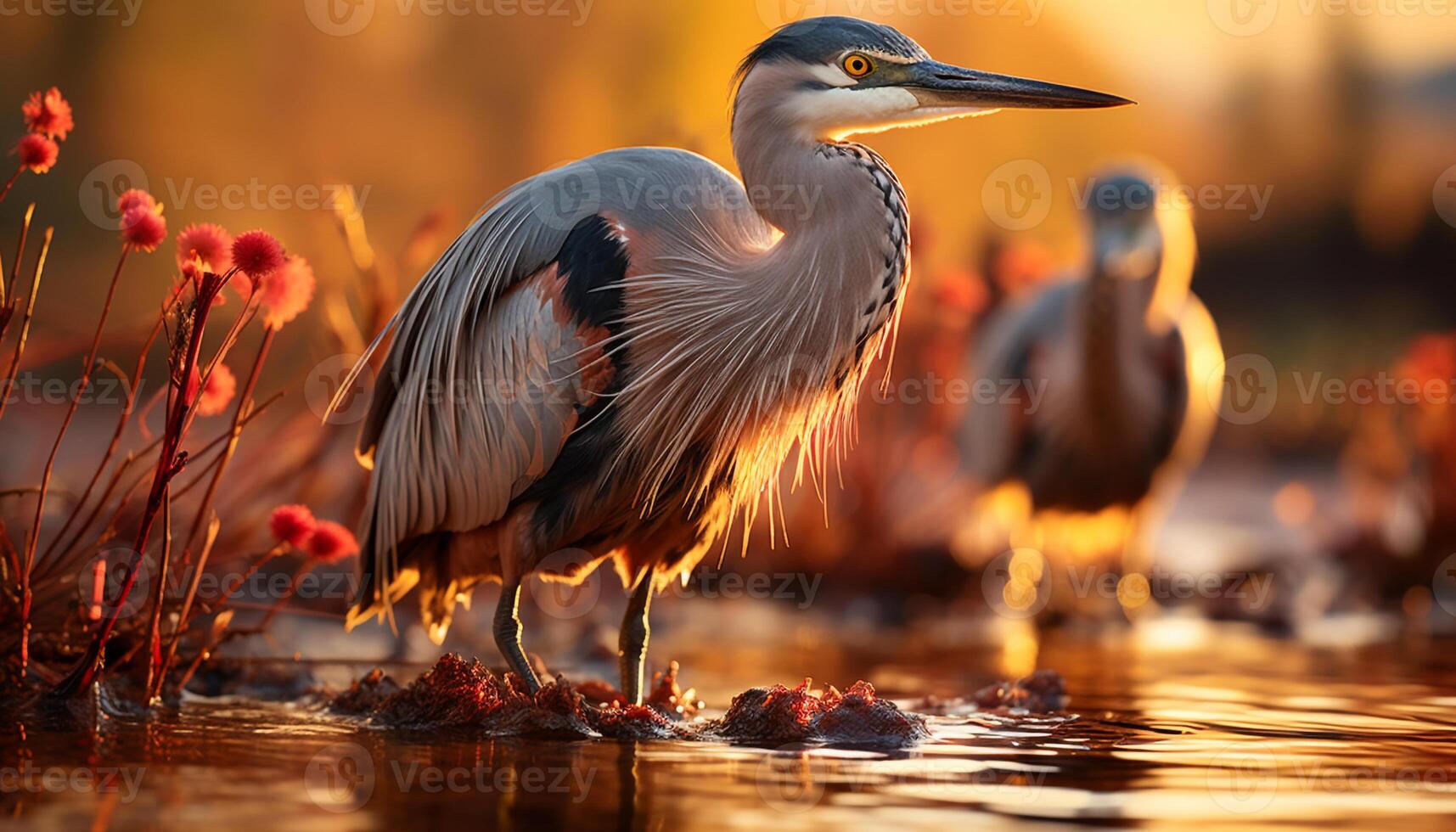 ai generiert Reiher Stehen im Wasser, reflektieren das Sonnenuntergang generiert durch ai foto