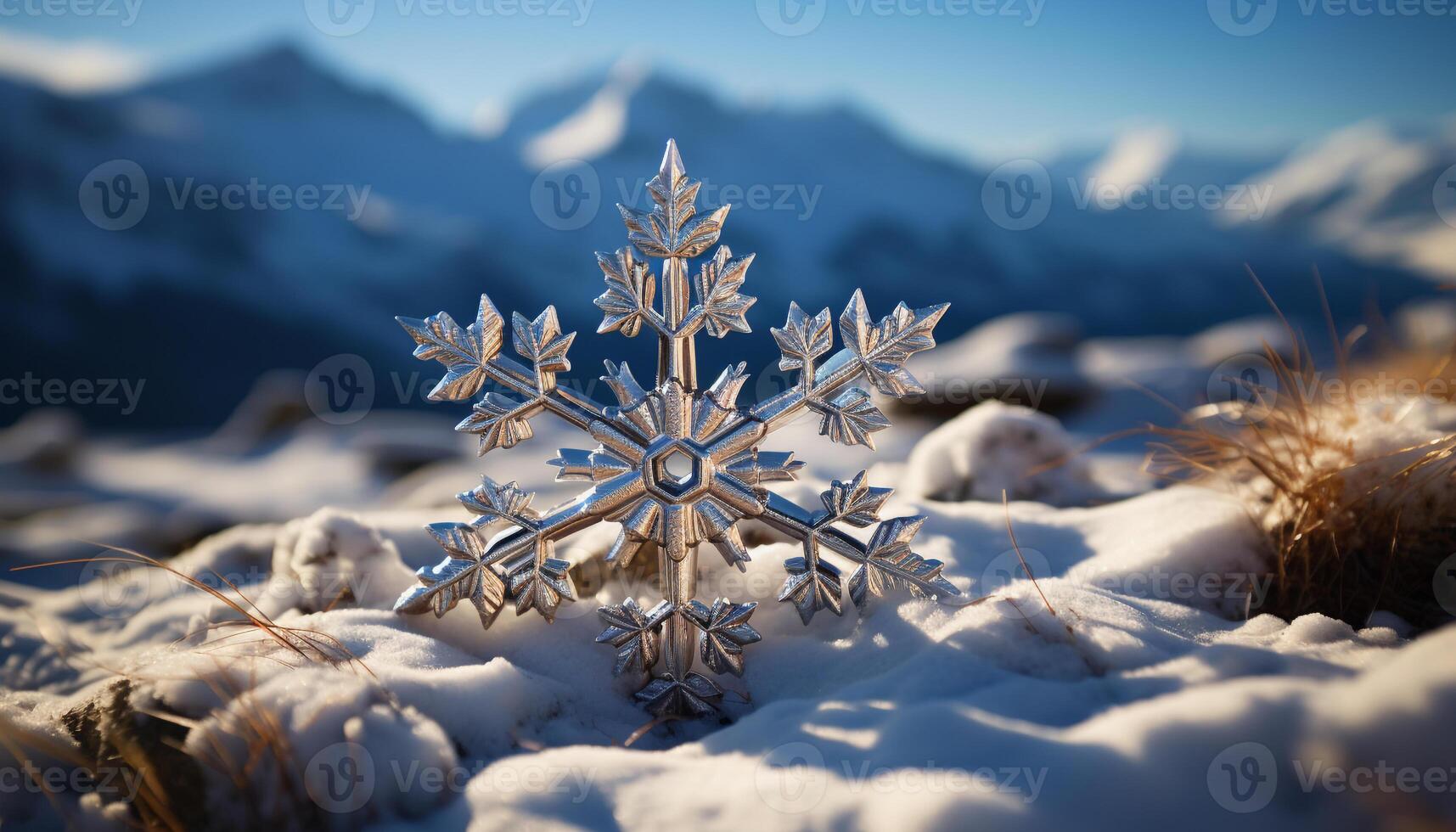 ai generiert Winter Berg Gipfel, Schneeflocke Dekoration, still schneebedeckt Landschaft generiert durch ai foto