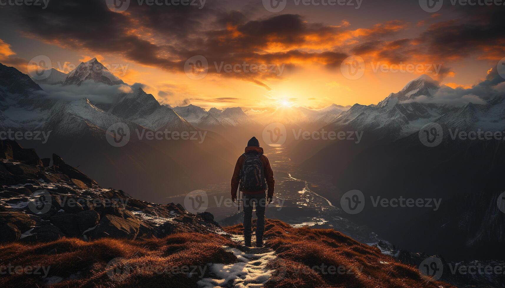 ai generiert einer Person Wandern Berg Gipfel beim Sonnenaufgang generiert durch ai foto