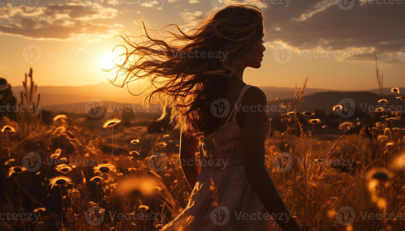 ai generiert jung Frau genießen das Sonnenuntergang im Natur generiert durch ai foto