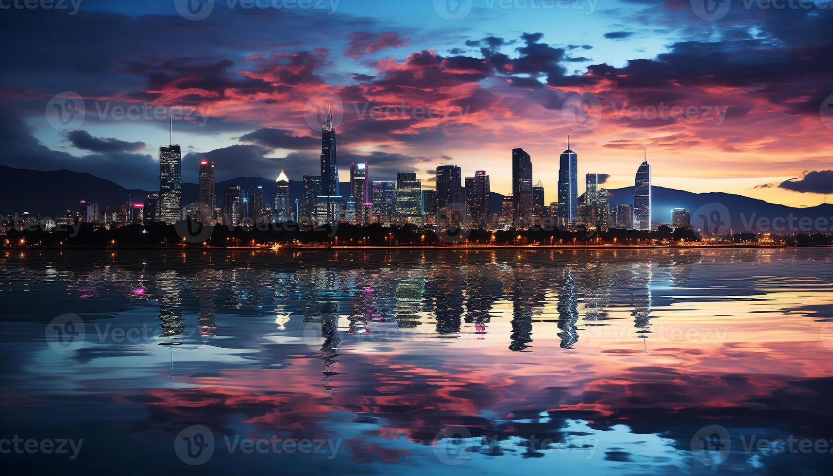 ai generiert Stadt Horizont spiegelt im Wasser beim Dämmerung generiert durch ai foto