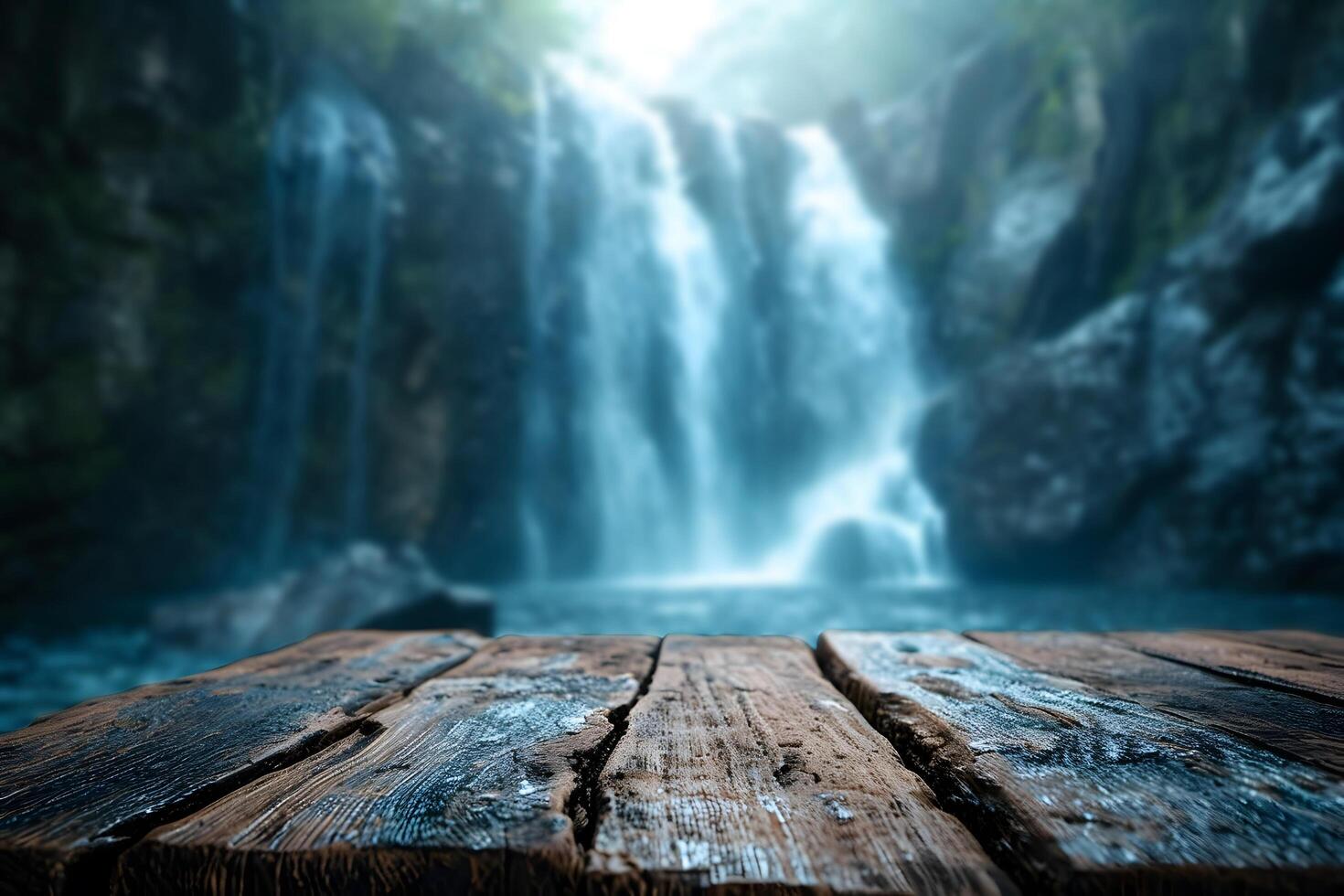 ai generiert leeren hölzern Planke Fußboden mit verschwommen Wasserfall Landschaft foto