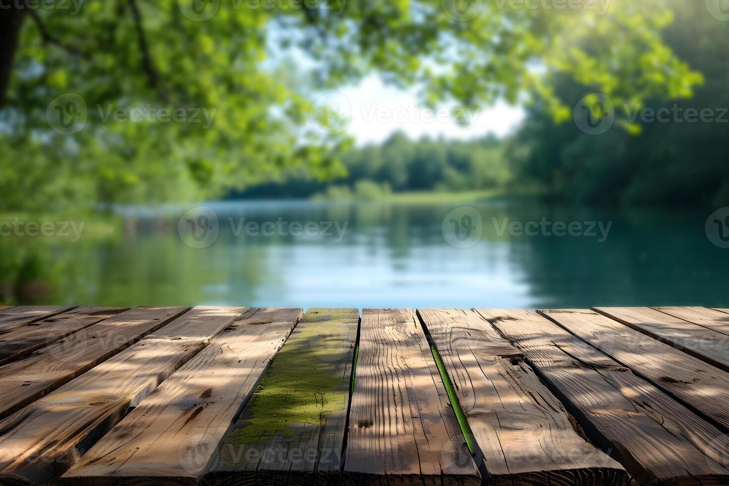 ai generiert leeren hölzern Planke mit verschwommen schön See Szene Hintergrund, Seeufer Ruhe foto