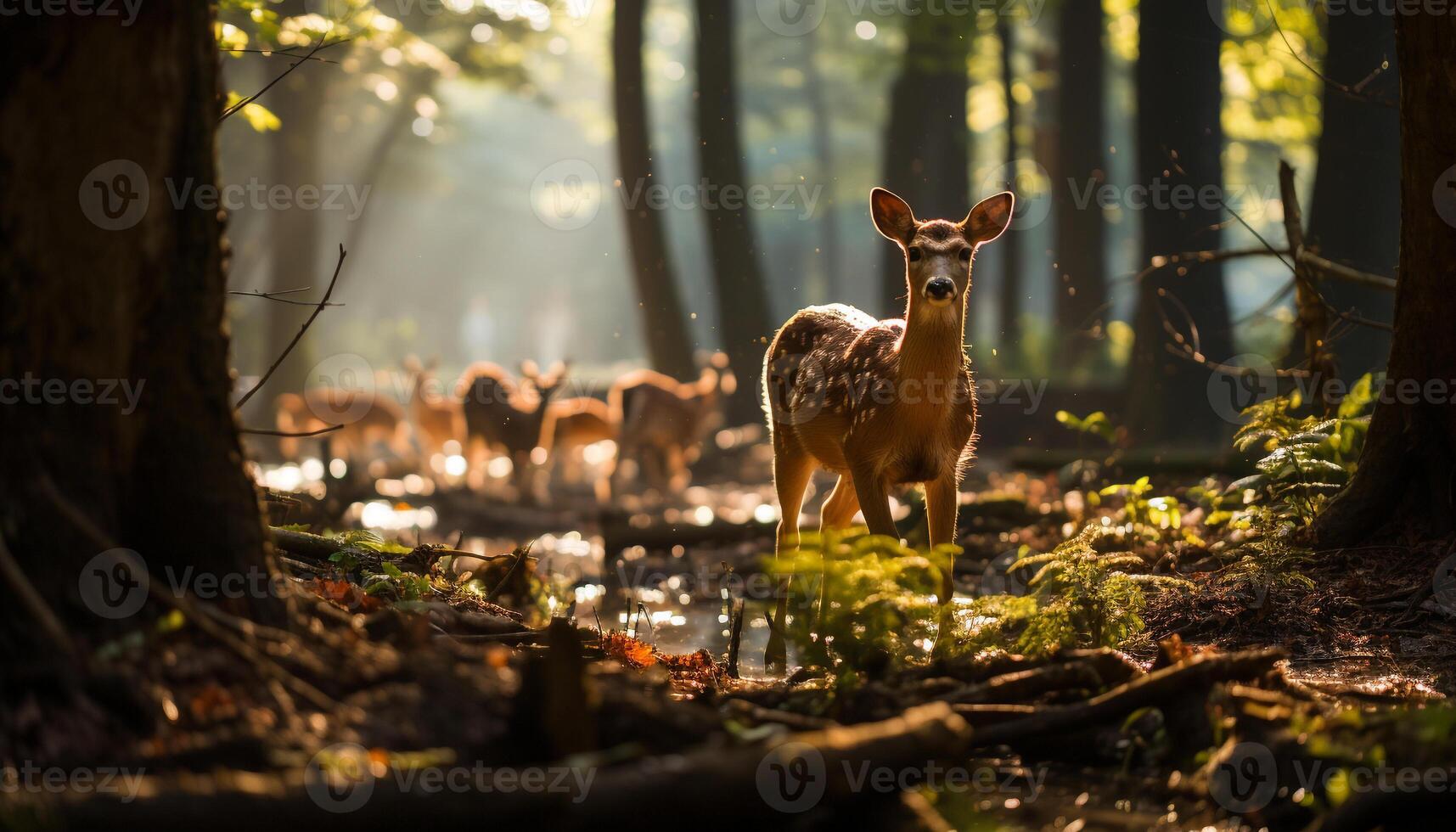 ai generiert jung Hirsch Stehen im das Wald beim Sonnenuntergang generiert durch ai foto