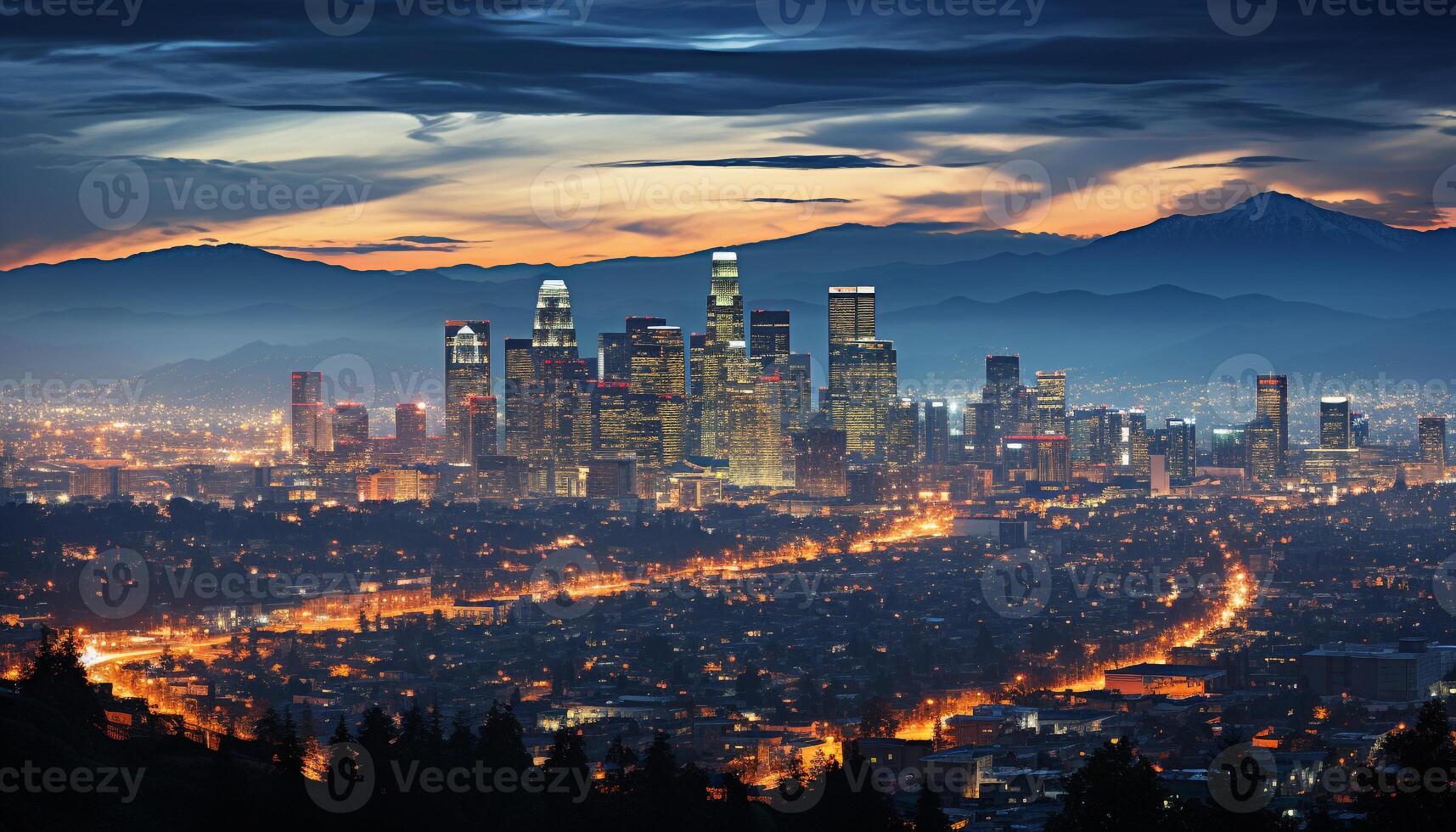 ai generiert modern Stadtbild beleuchtet durch glühend Wolkenkratzer beim Dämmerung generiert durch ai foto