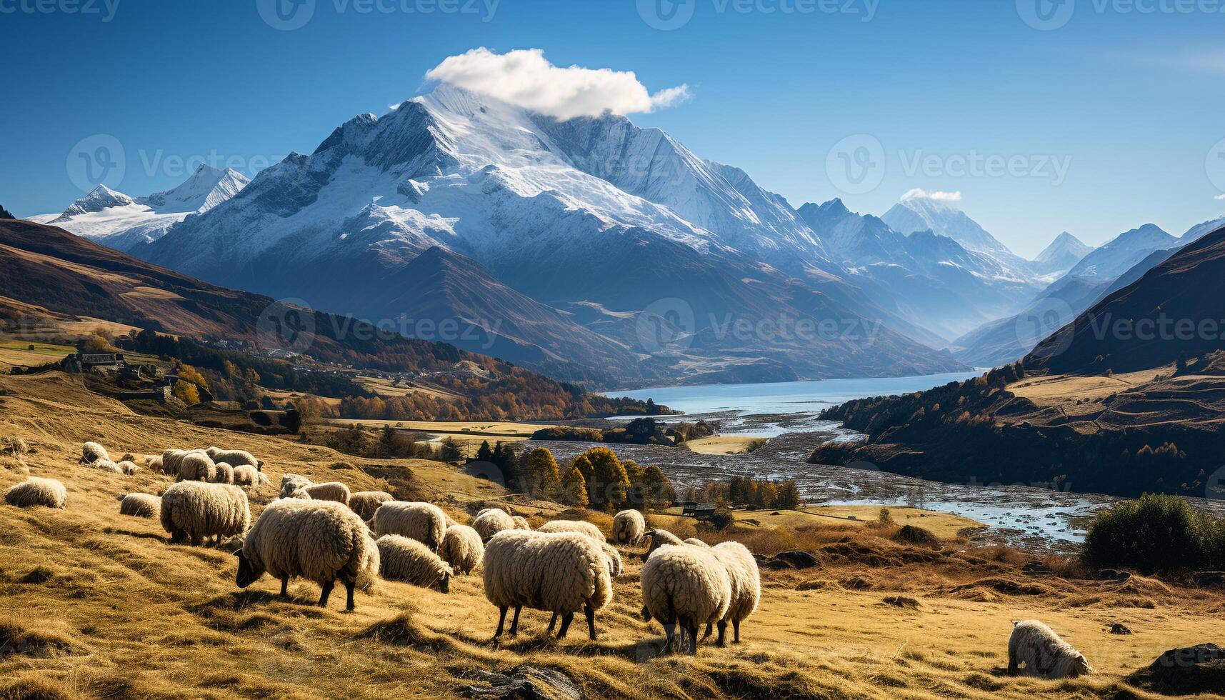 ai generiert Berg Gipfel, Wiese, Vieh Weiden, still Szene generiert durch ai foto