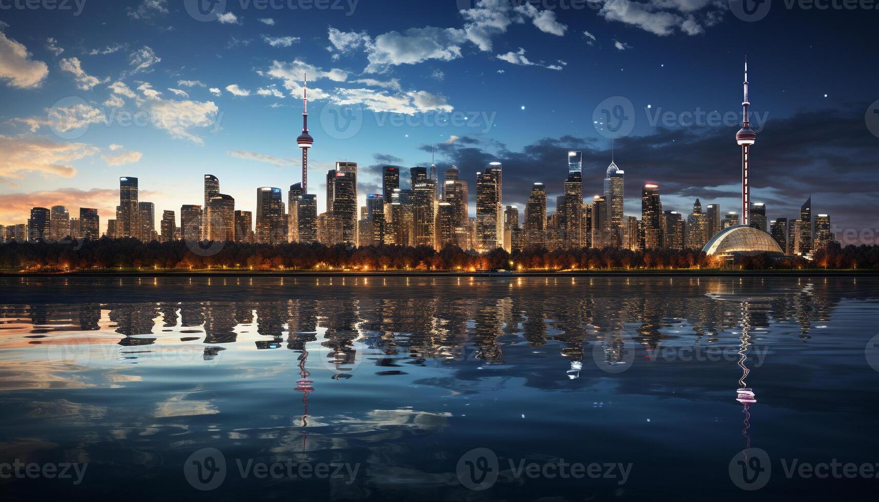 ai generiert Wolkenkratzer Stadtbild spiegelt Nacht die Architektur, berühmt direkt am Wasser generiert durch ai foto