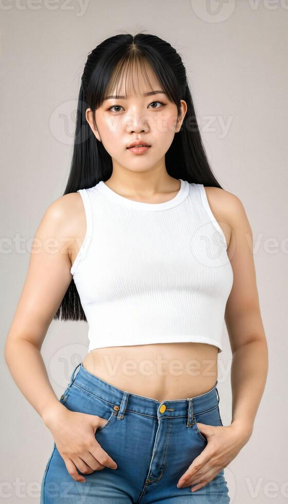 ai generiert Foto von schön jung asiatisch Frau mit Ernte Weiß oben und Jeans Stehen beim Weiß Hintergrund, generativ ai