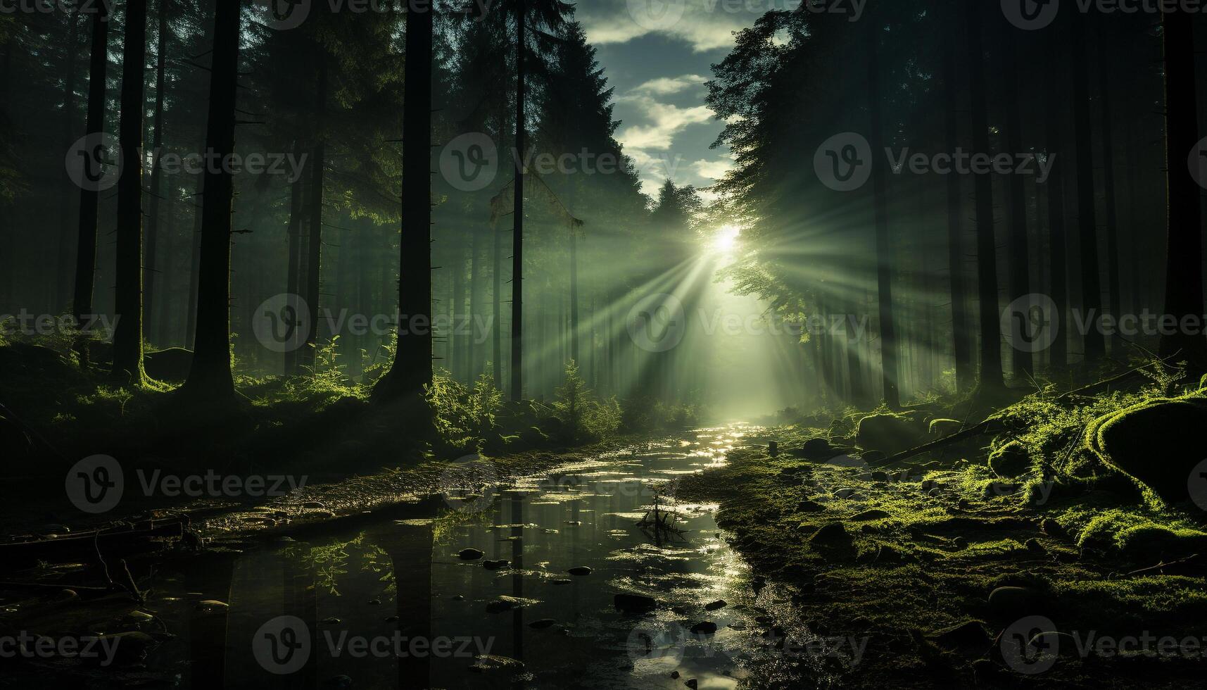 ai generiert mysteriös Wald, still Szene, beleuchtet durch Dämmerung generiert durch ai foto