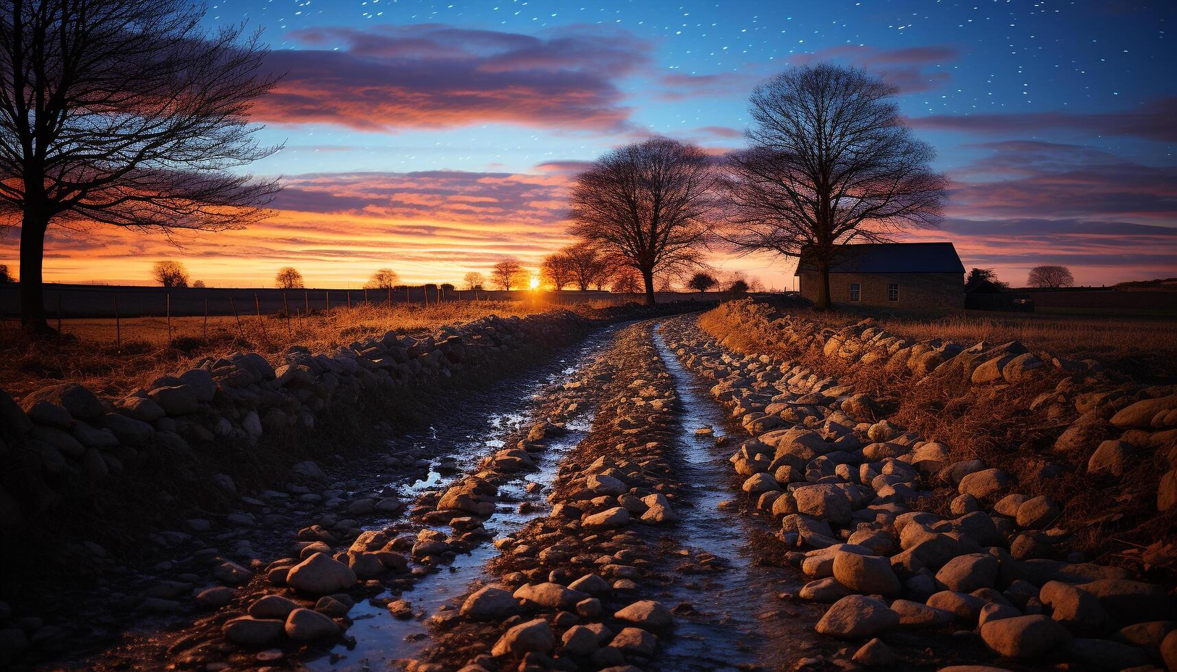 ai generiert Sonnenuntergang Über ländlich Landschaft, Baum auf Bauernhof generiert durch ai foto