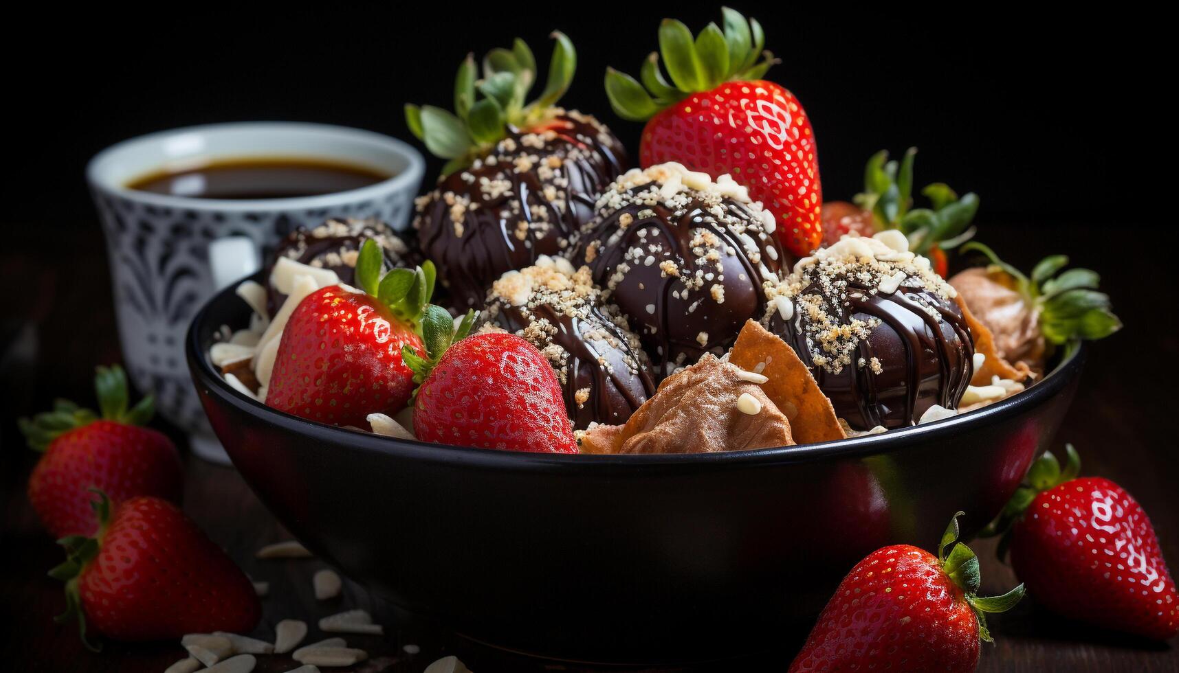ai generiert Erdbeere Nachtisch, Schokolade eingetaucht, Gourmet Genuss, frisch und Süss generiert durch ai foto