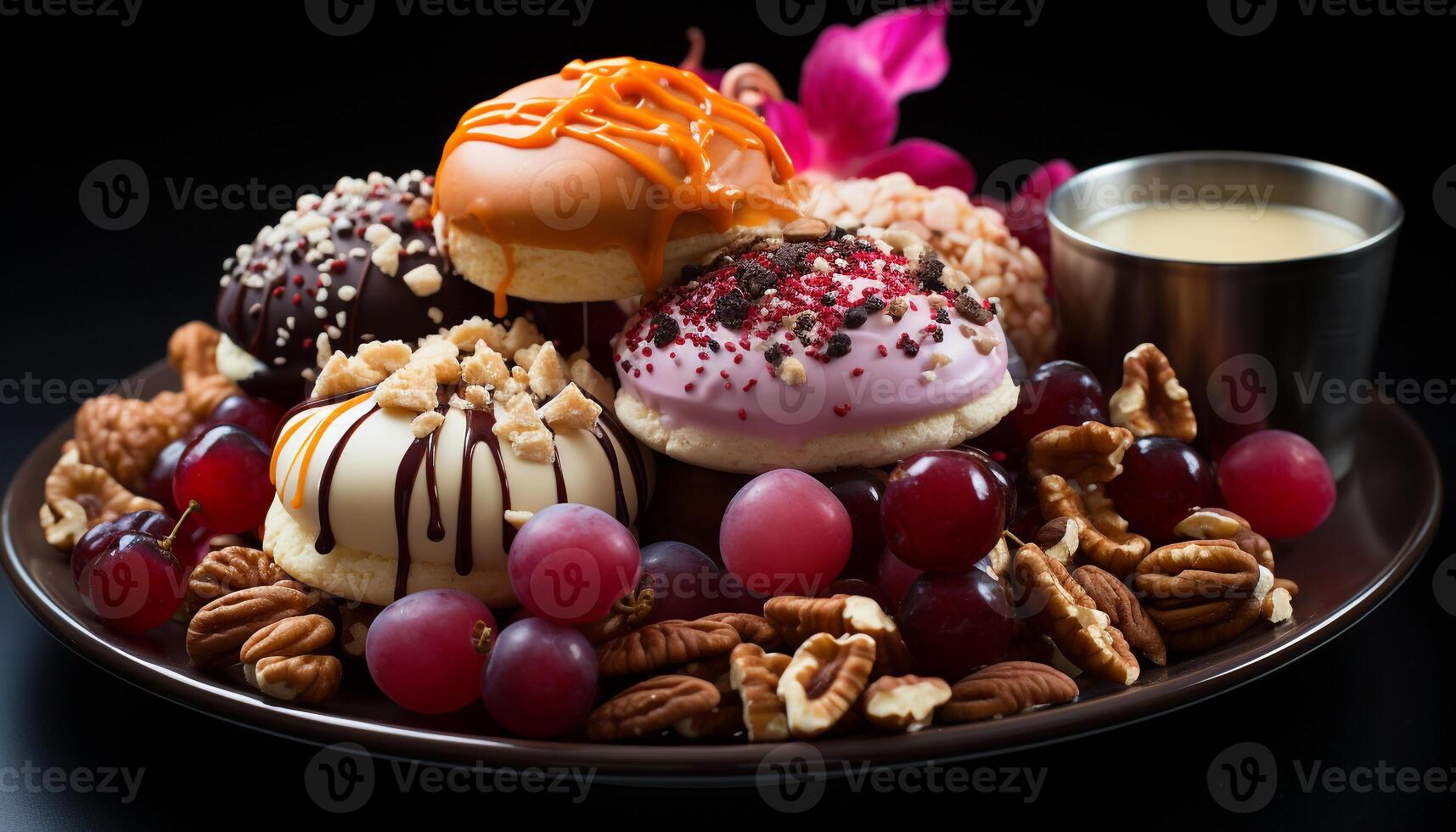 ai generiert Gourmet Dessert Teller mit Schokolade, Frucht, und Mandel generiert durch ai foto