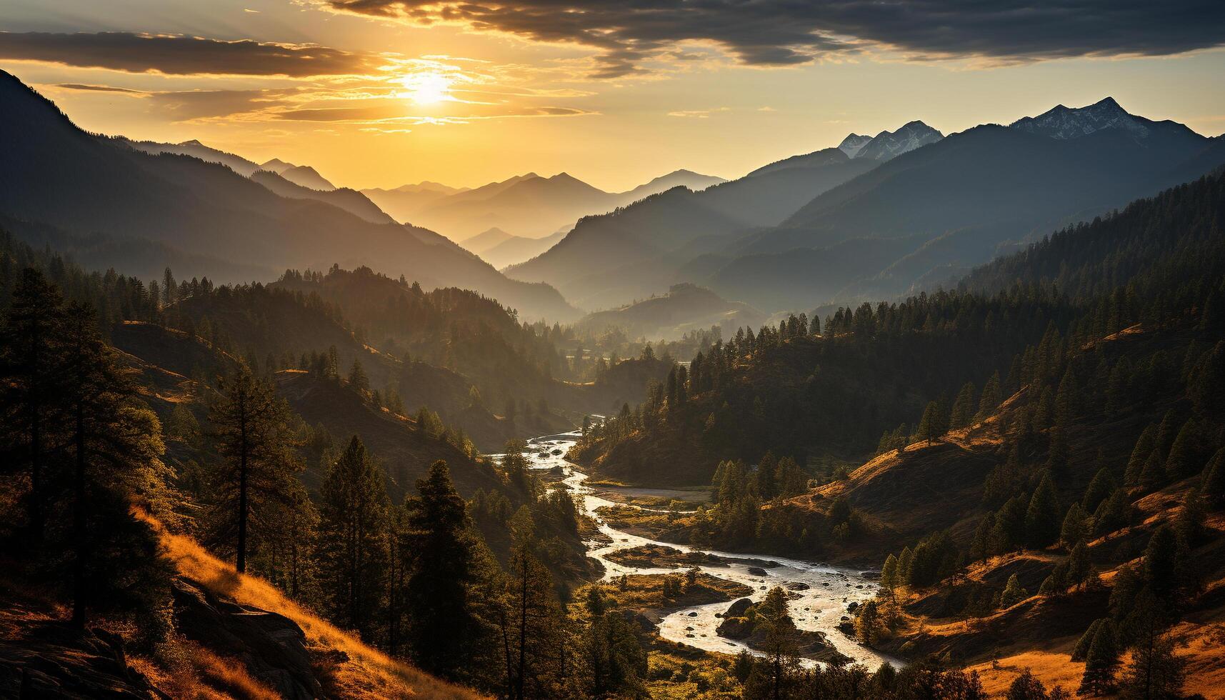 ai generiert majestätisch Berg Gipfel spiegelt still Sonnenuntergang Über Wiese generiert durch ai foto