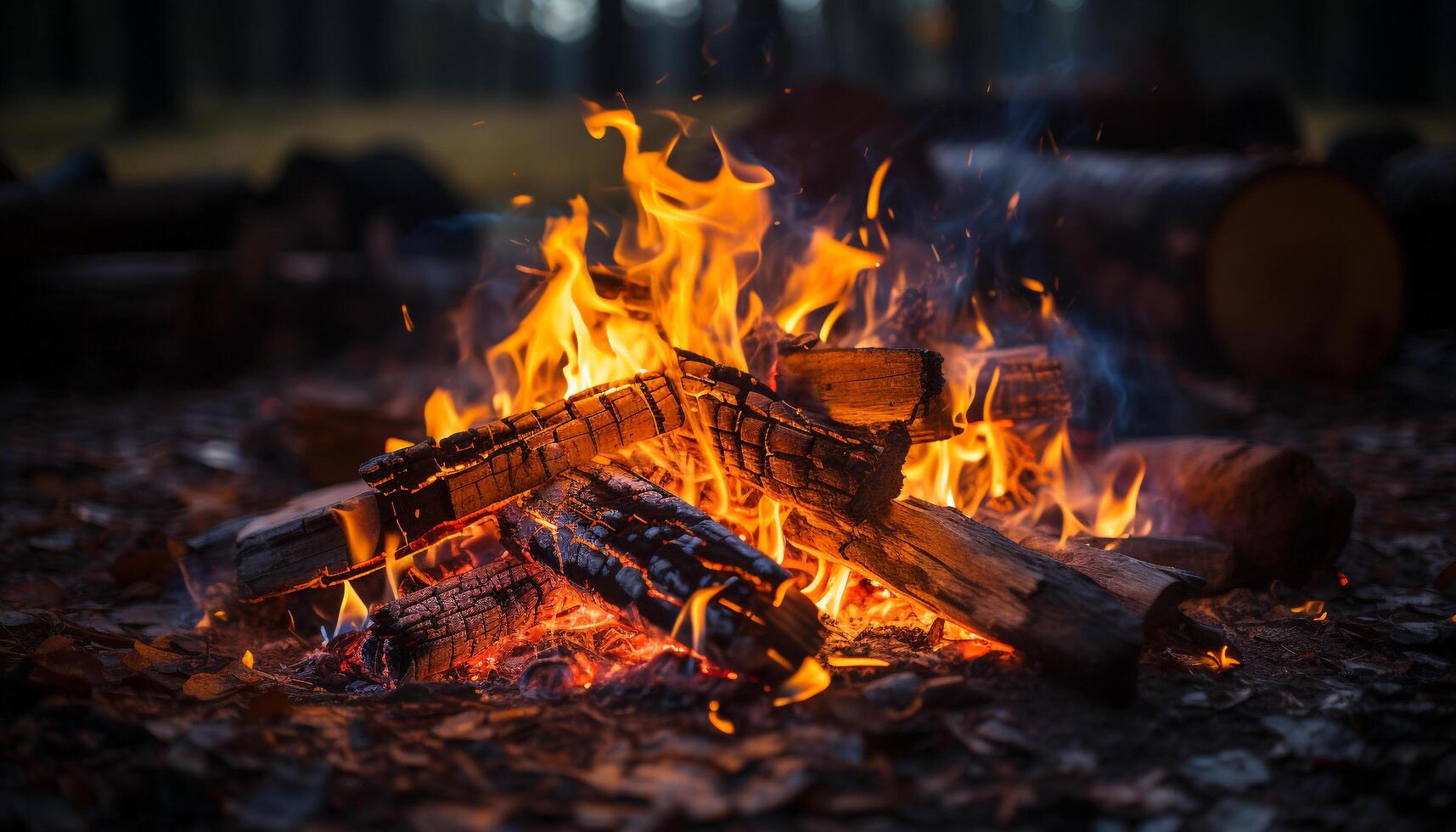 ai generiert glühend Lagerfeuer leuchtet dunkel Wald im Sommer- generiert durch ai foto