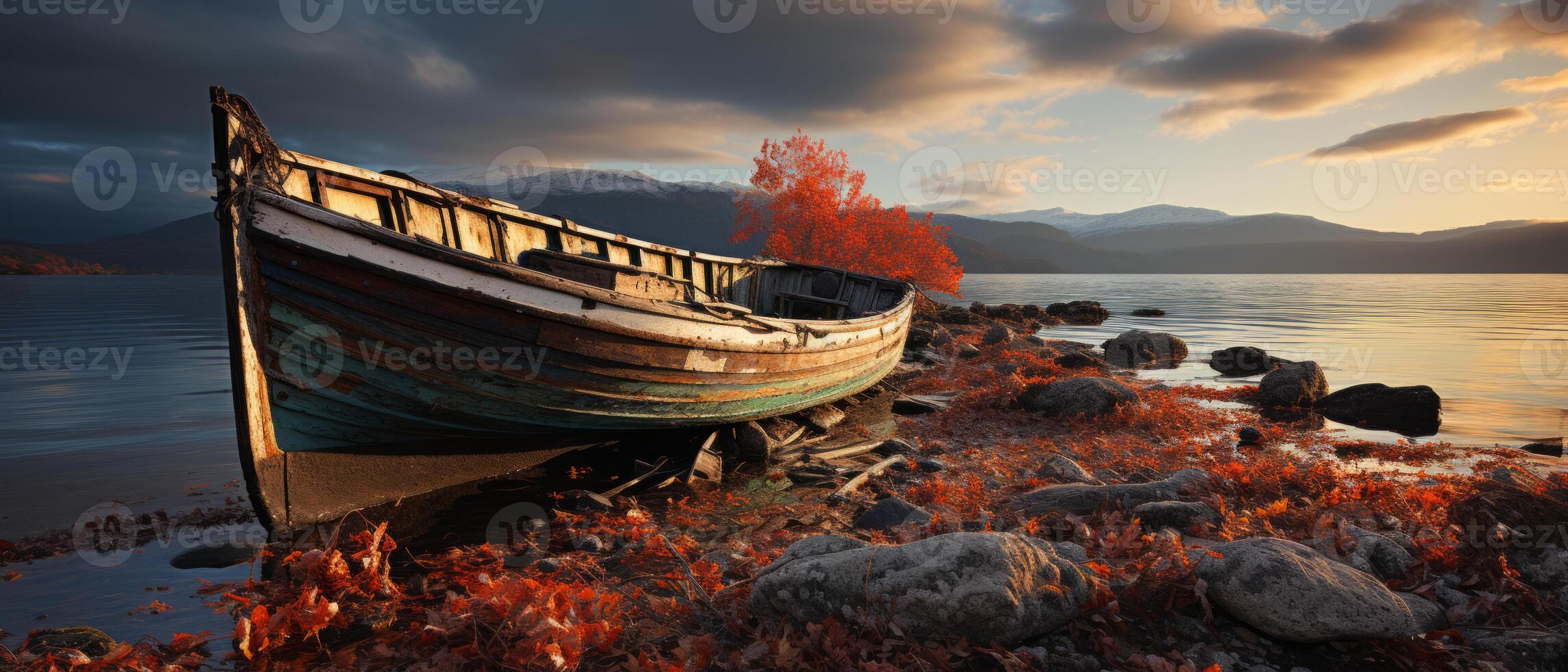 ai generiert Herbst Sonnenuntergang durch das Seeufer foto