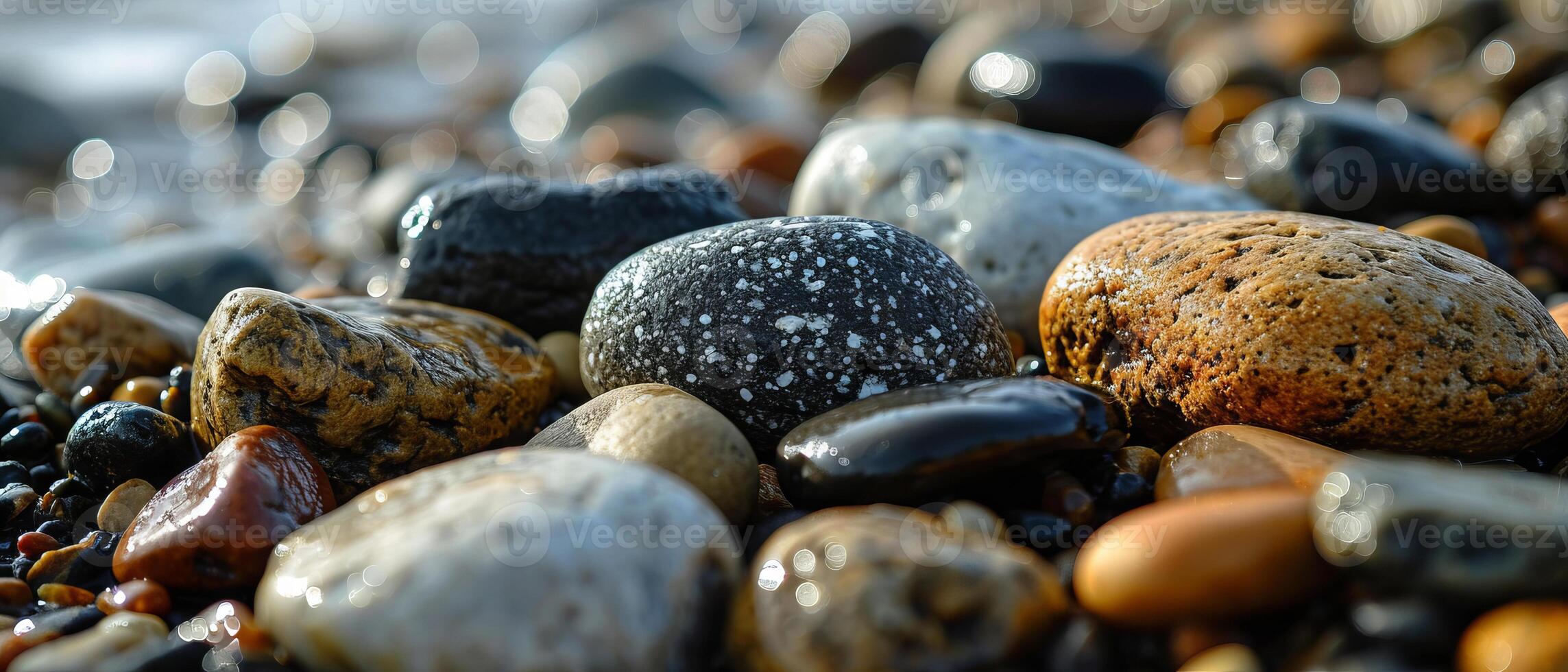 ai generiert abwechslungsreich Kieselsteine glänzend im Sonnenlicht durch das Meer foto