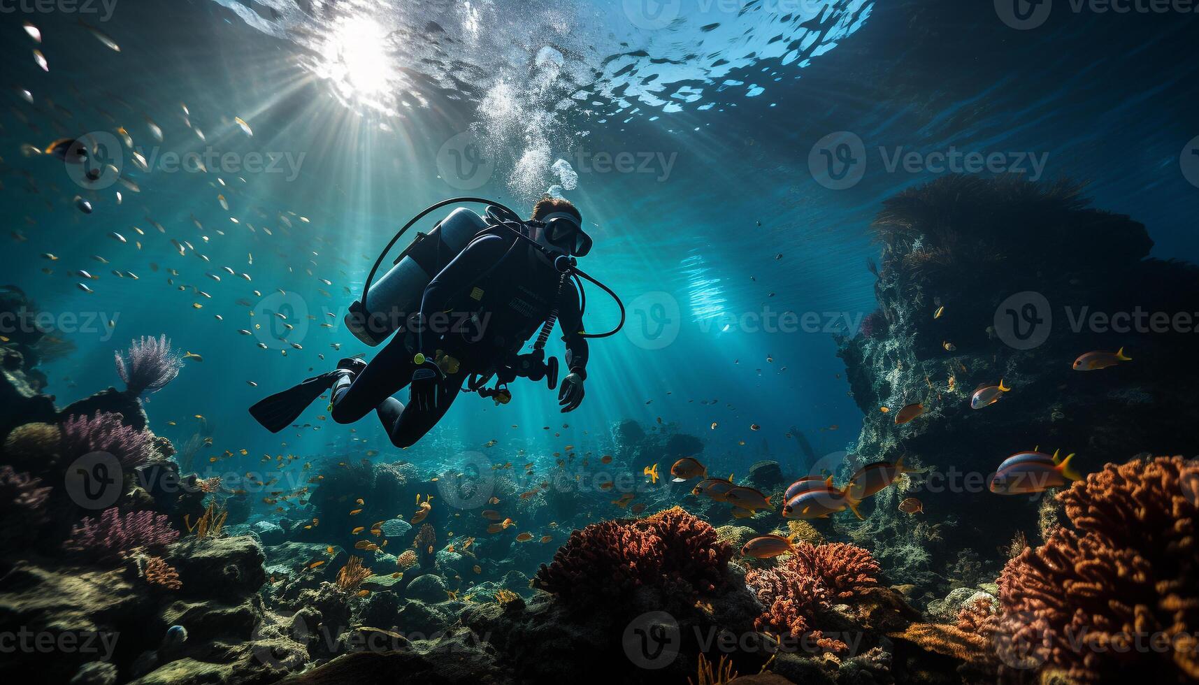 ai generiert unter Wasser Abenteuer Tauchen in Blau Meer, erkunden Riff generiert durch ai foto