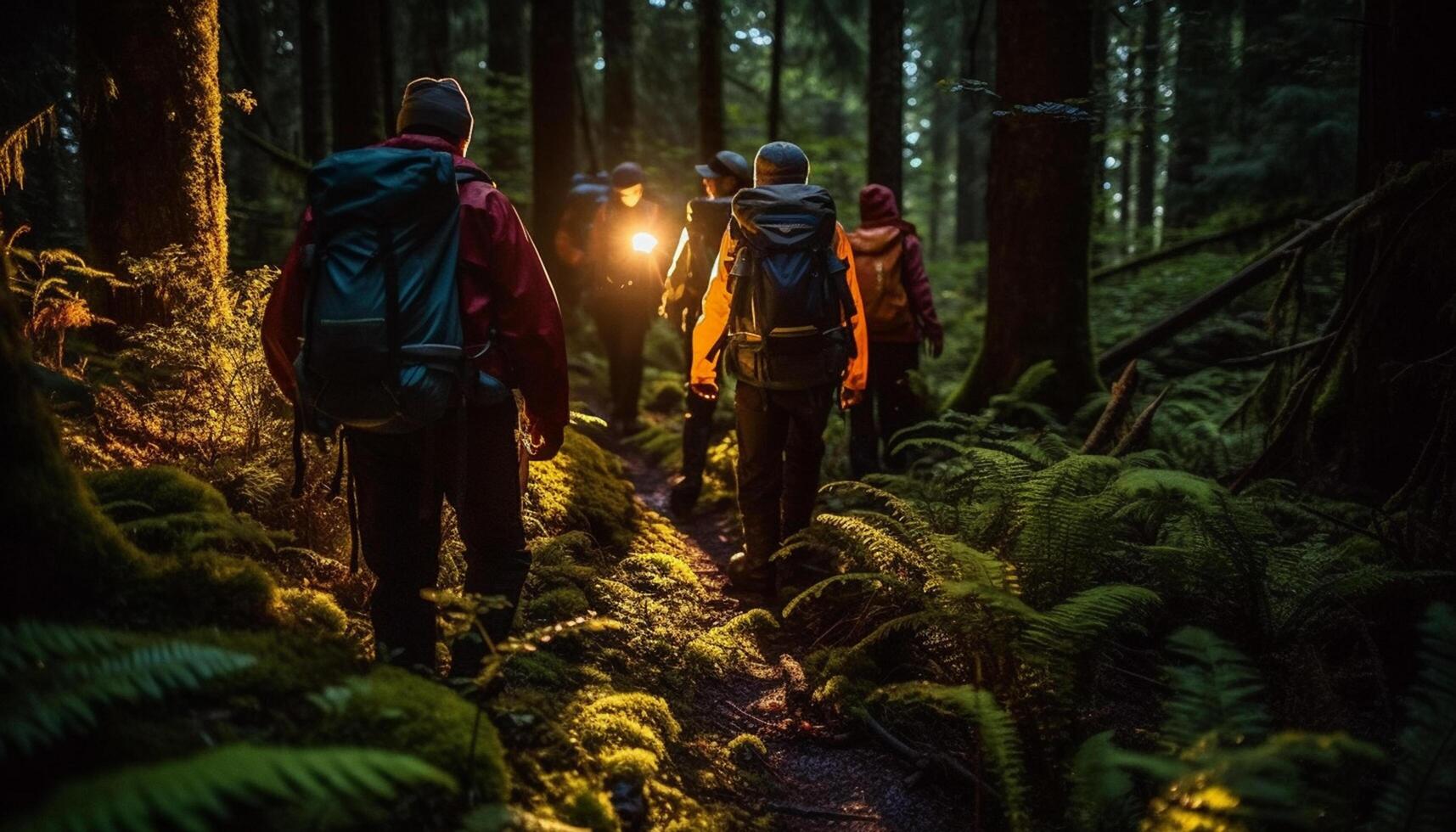 ai generiert zwei Männer Wandern im Natur, Rucksäcke An, erkunden das Wald generiert durch ai foto