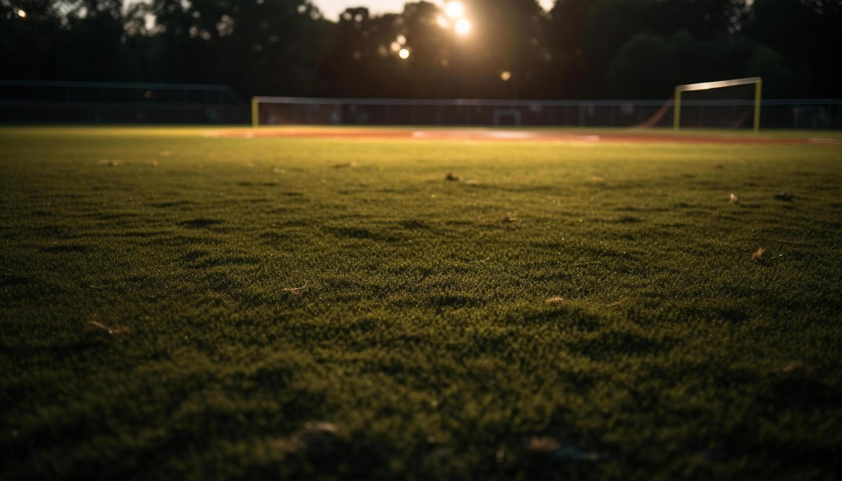 ai generiert Gras Feld, Fußball Ball, Nacht Natur, hell Mannschaft Sport generiert durch ai foto