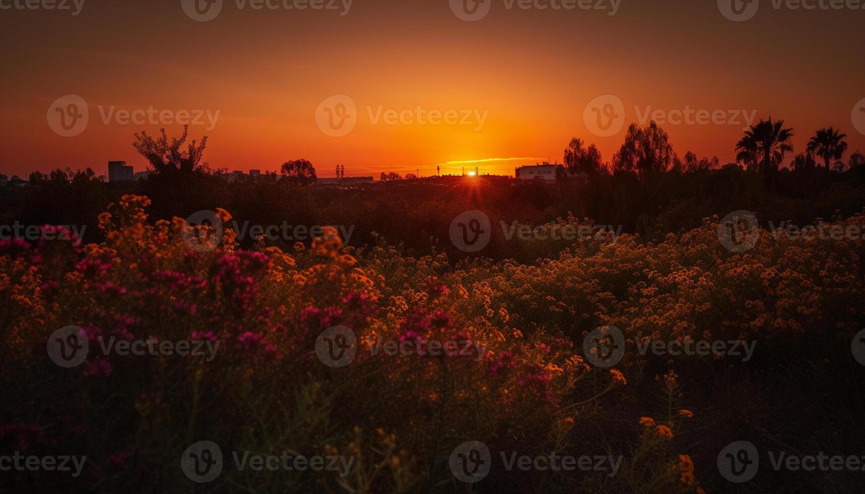 ai generiert Sonnenuntergang Über ein Wiese, Natur Schönheit im ein still Szene generiert durch ai foto