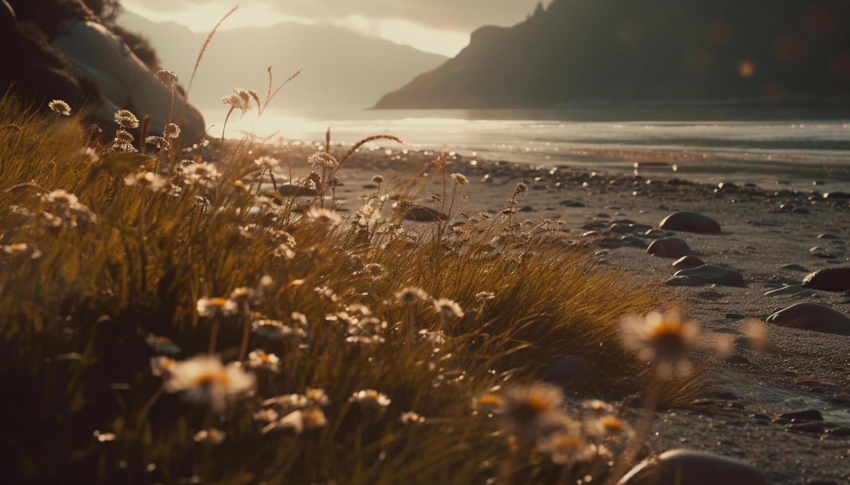 ai generiert Sonnenuntergang Über das still Küste, ein malerisch Sommer- Wiese im blühen generiert durch ai foto