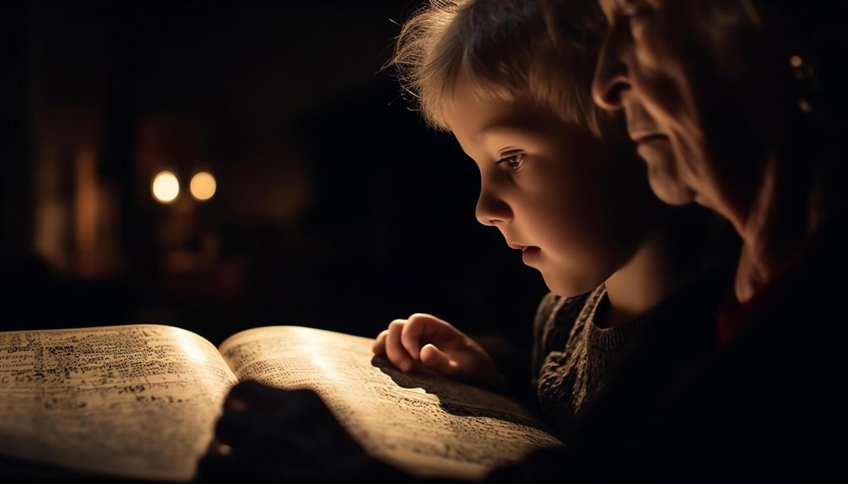 ai generiert ein süß Kind lesen ein Buch, Lernen drinnen mit Familie generiert durch ai foto