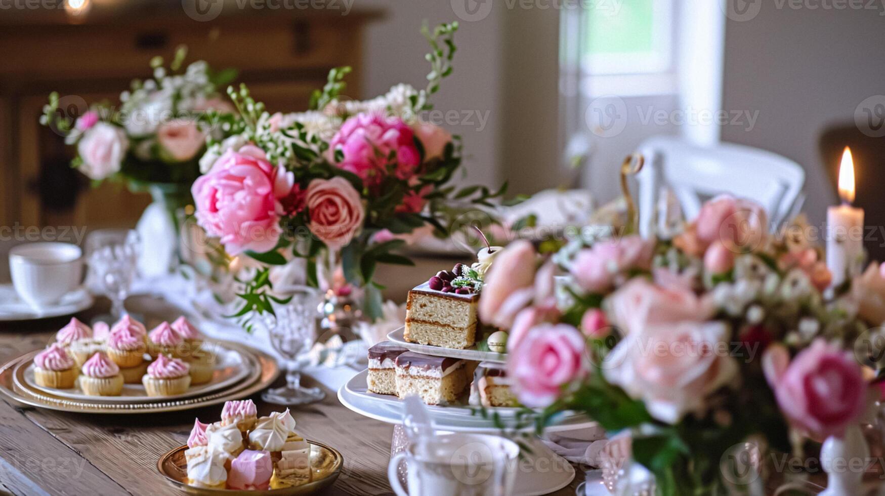 ai generiert Geburtstag Tischlandschaft oder Süßigkeiten Bar mit Süßigkeiten, Geburtstag Kuchen und Cupcakes, schön Party Feier foto