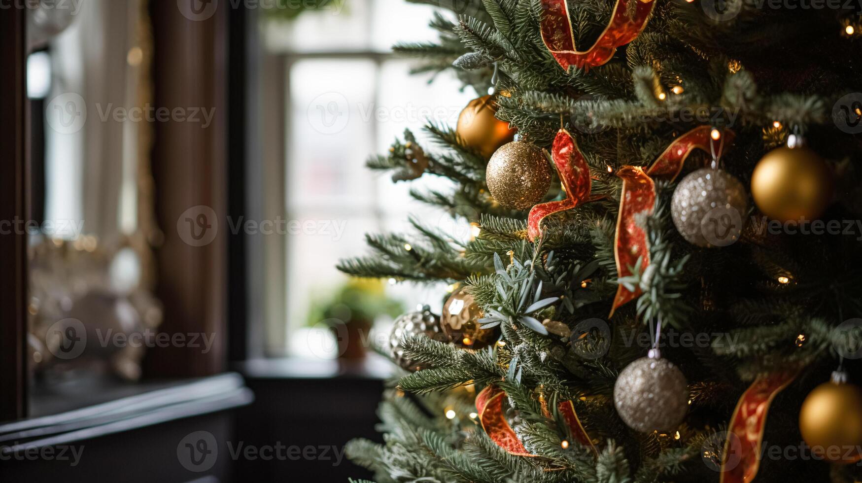 ai generiert Weihnachten Baum Dekorationen zum das Englisch Land Hütte, Zuhause Dekor, Haus im das Landschaft und Urlaub Feier foto