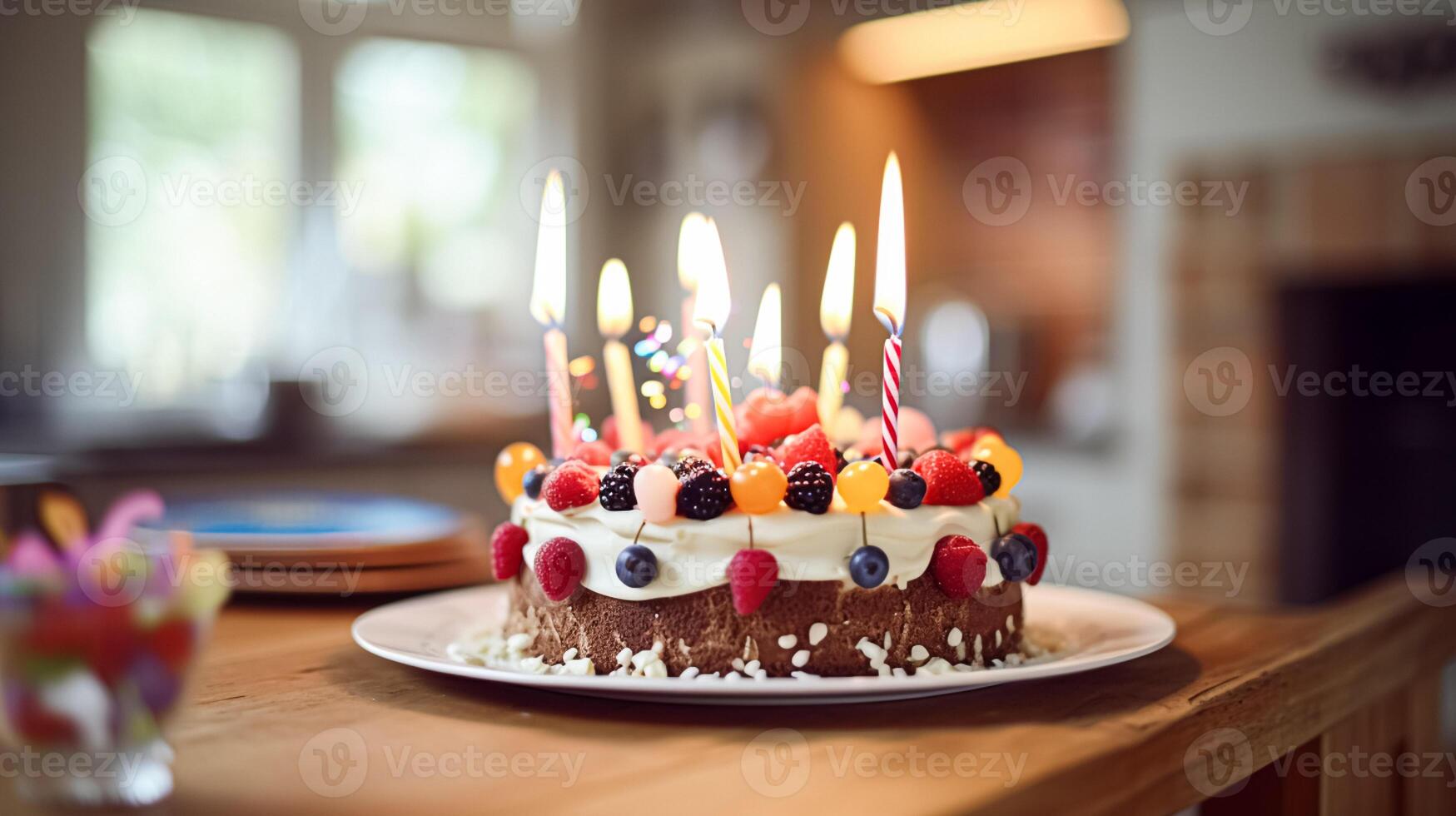 ai generiert hausgemacht Geburtstag Kuchen im das Englisch Landschaft Haus, Hütte Küche Essen und Urlaub Backen Rezept foto